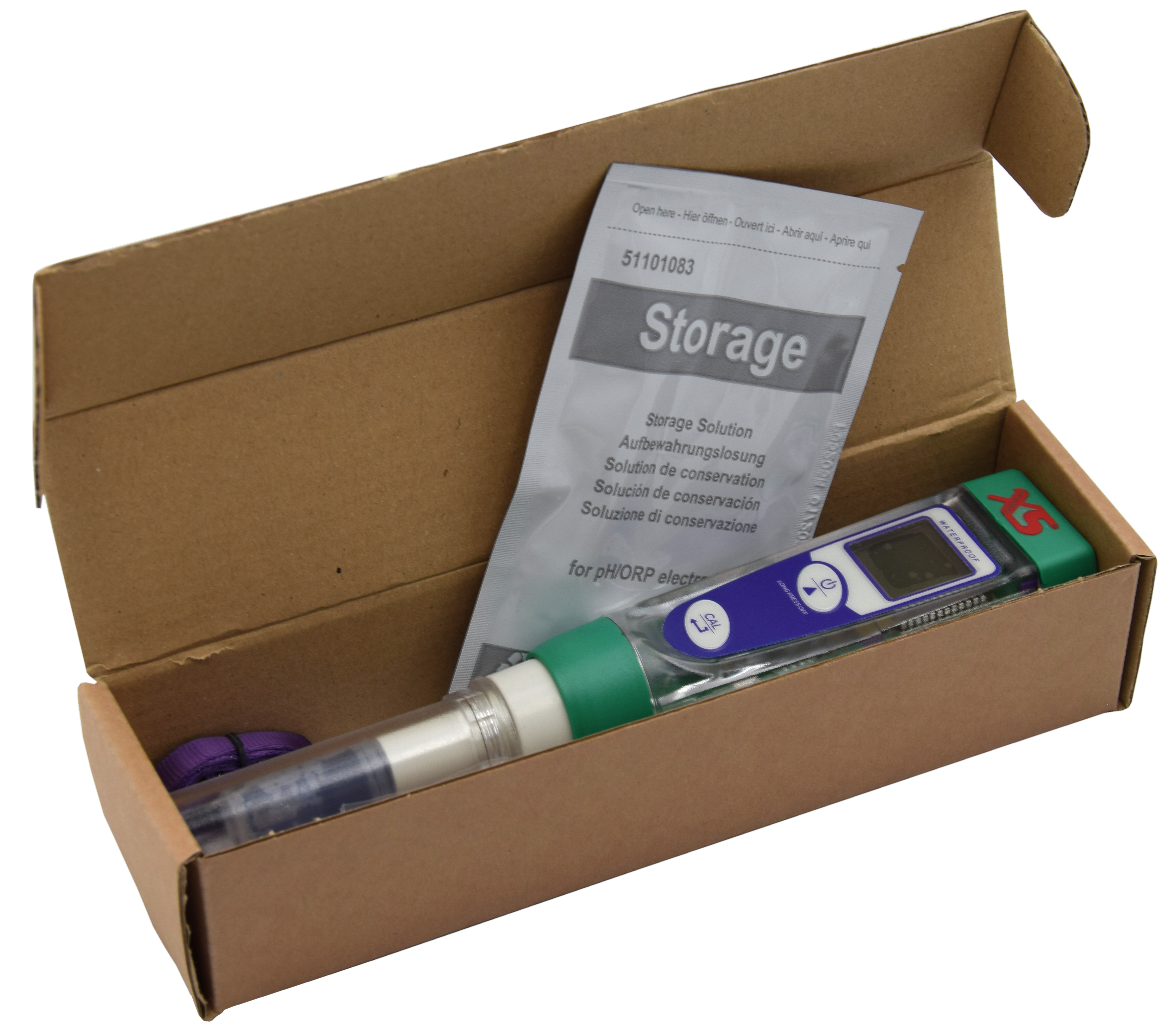 XS pH 1 Handtester, Frontansicht mit fest eingebauter pH-Sonde im Karton mit Zubehör