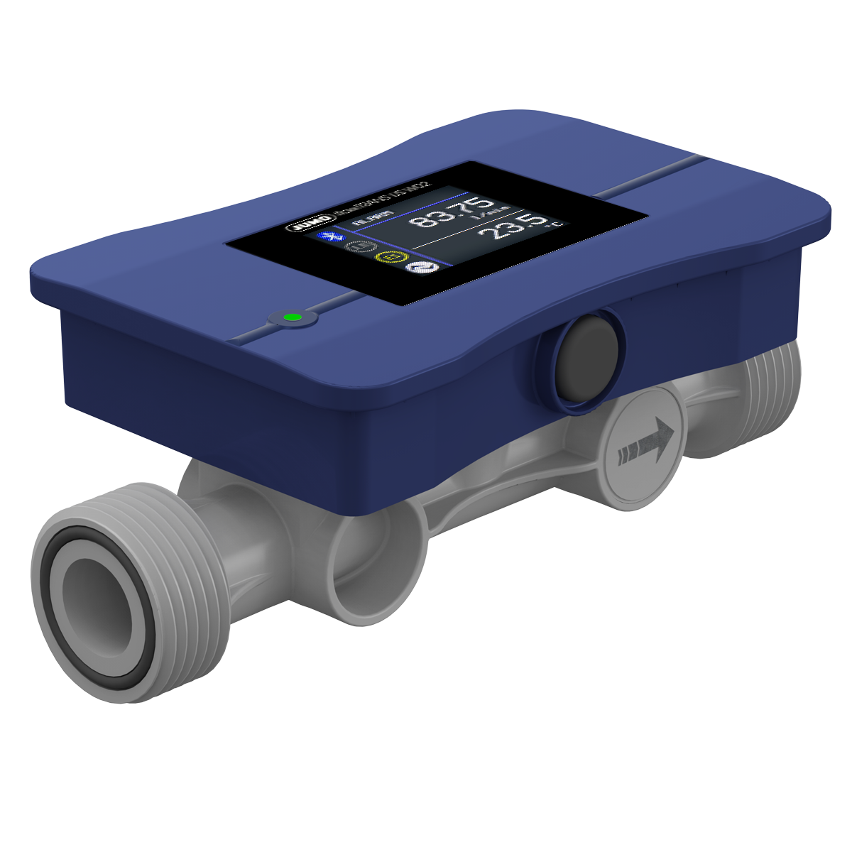 JUMO flowTRANS US W02 Ultraschall-Durchflussmessgerät DN 15 (1/2 in.) JUMO flowTRANS US W02 Ultraschall-Durchflussmessgerät Frontansicht mit Display