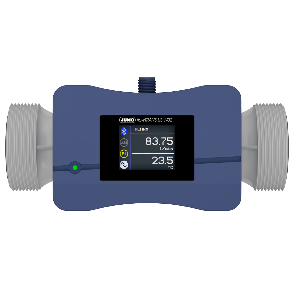 JUMO flowTRANS US W02 Ultraschall-Durchflussmessgerät DN 32 (1 1/4 in.) JUMO flowTRANS US W02 Ultraschall-Durchflussmessgerät DN 32 Frontansicht, großes LCD-Display, Bluetooth-Schnittstelle, industrielle Anwendung