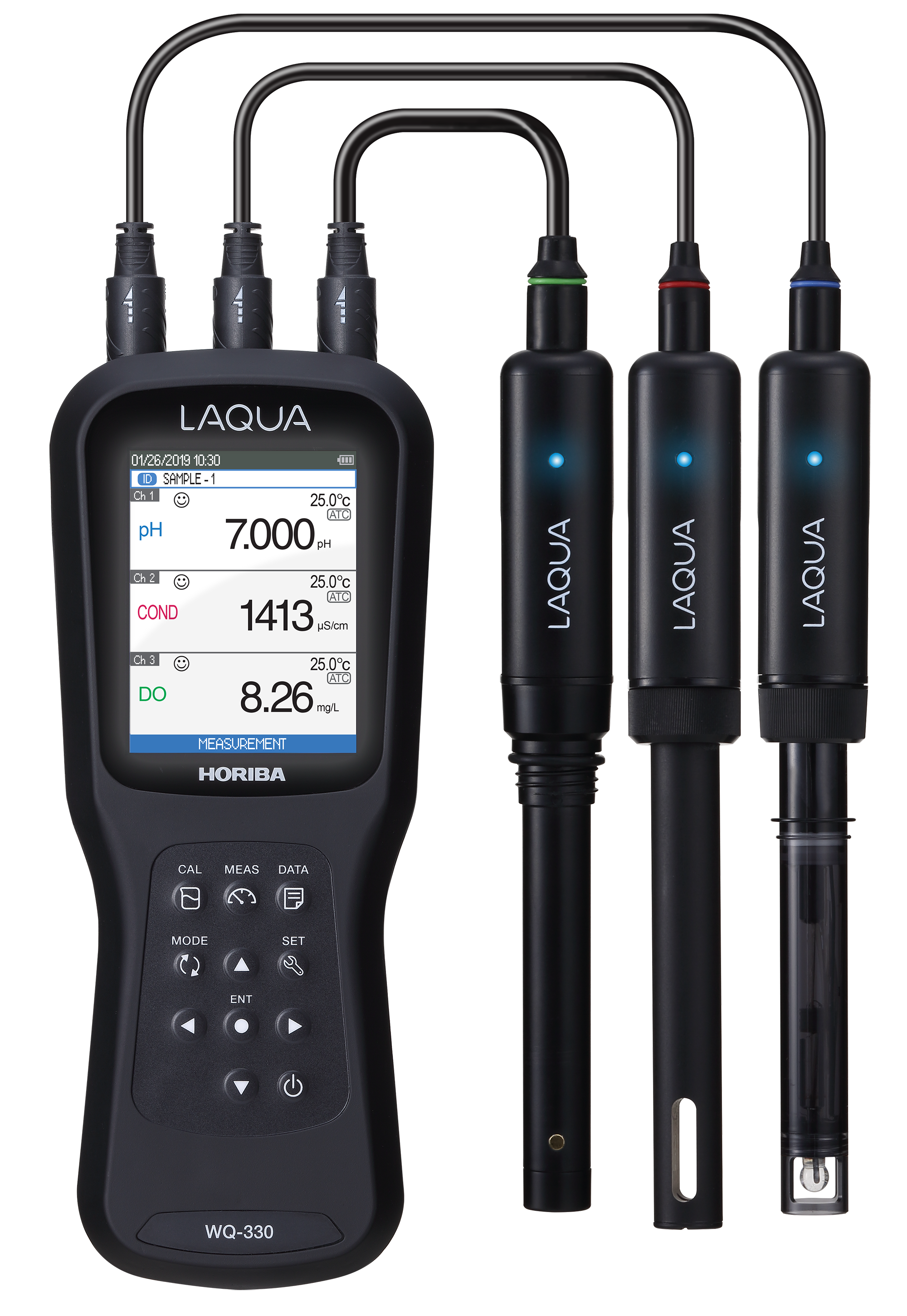 Horiba LAQUA WQ330-K - 3-Kanal Profi-Messgerät für verschiedene Parameter im Analysekoffer Horiba LAQUA WQ330-K Handmessgerät mit drei angeschlossenen Elektroden, Frontansicht, robustes Design