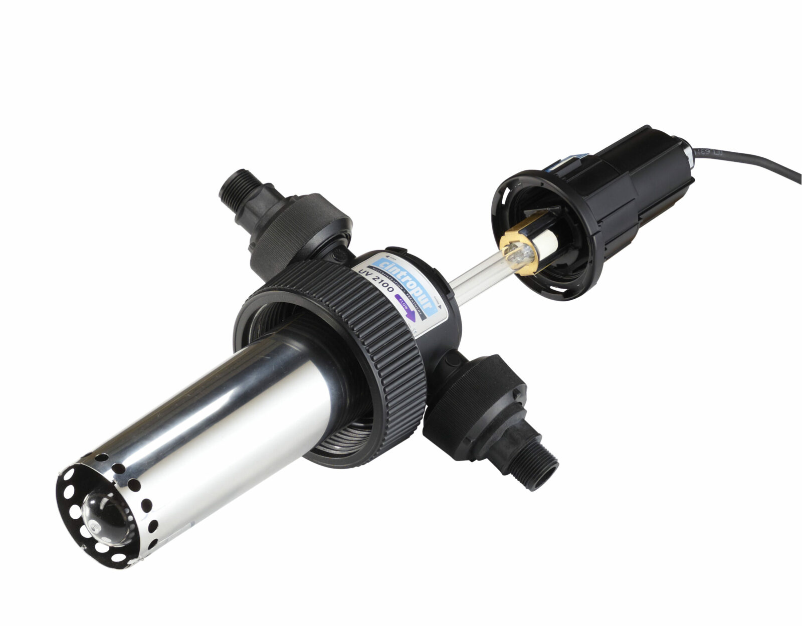 CINTROPUR UV2100 3/4″ + 1″, geöffnetes Gerät mit sichtbarer UV-C Lampe, einfache Wartung und Lampenwechsel