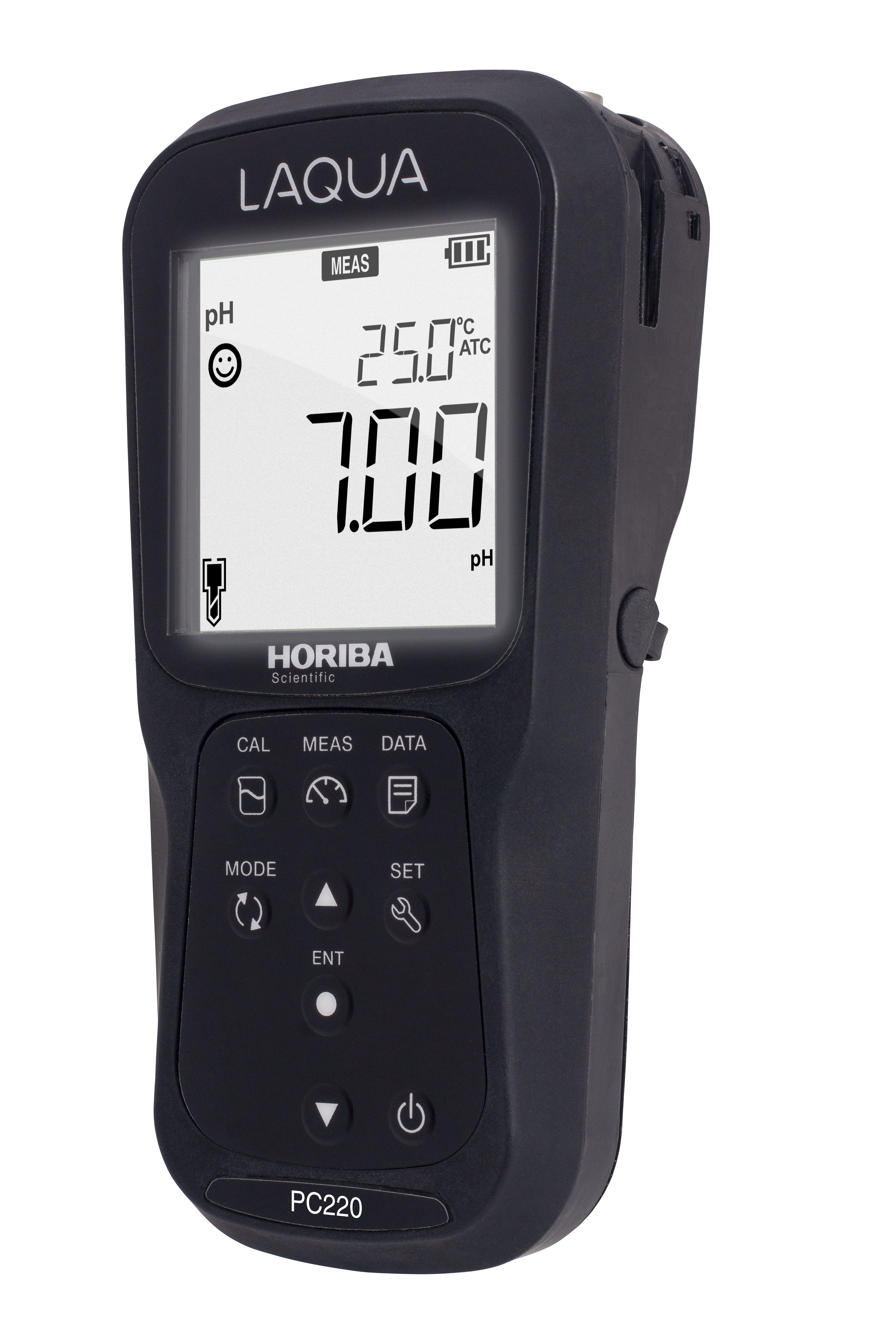Horiba Messgerät seitlich links, schwarzes Messgerät ohne Elektroden, Display an