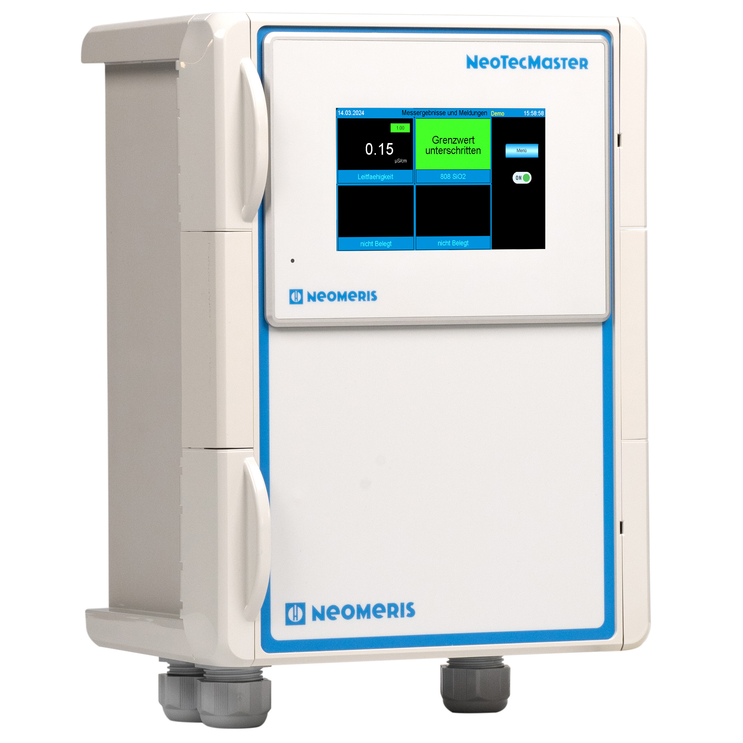 NeoTecMaster® - 5 Zoll im Gehäuse IP 66 als 4 Kanalsystem, vorkonfiguriert zur Aufnahme von bis zu 8 eingehenden 4-20 mA Signalen, einem R232 Signal sowie Modbus Signal, optional freischaltbar auf 8 Kanäle