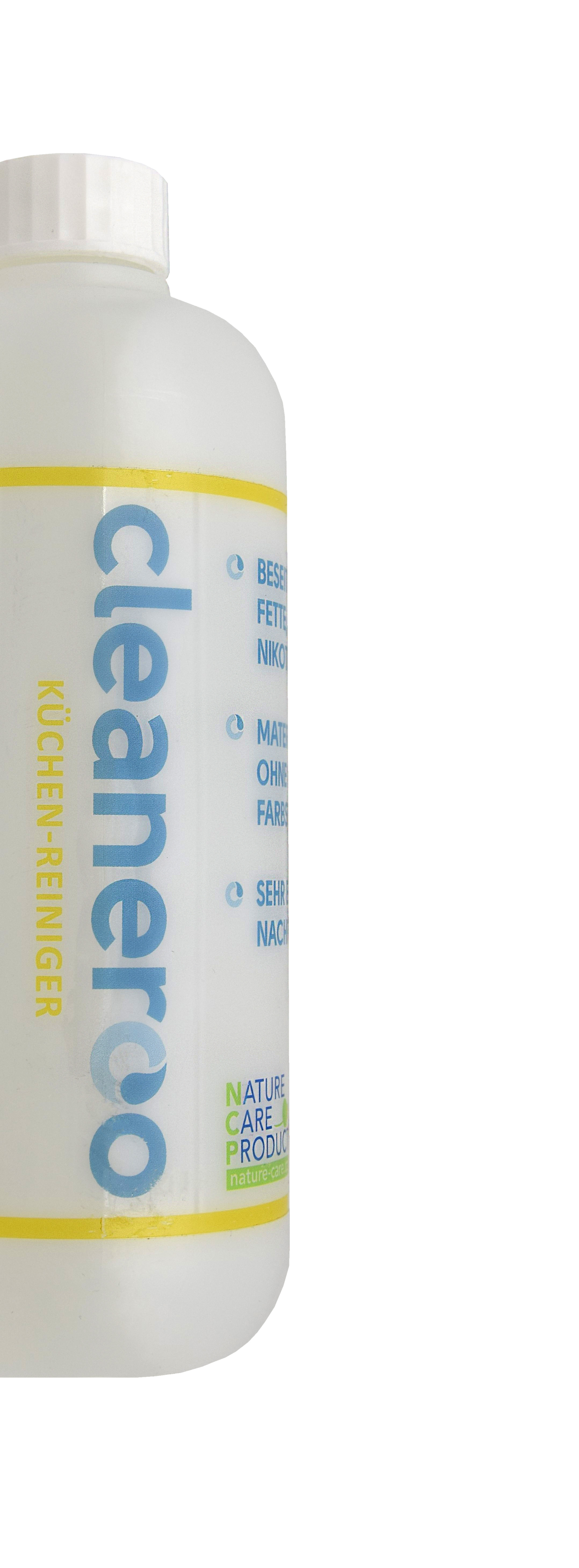 cleaneroo Küchenreiniger (gelb), Detailaufnahme des Etiketts, Inhaltsstoffe und Hinweise, Küchenreiniger