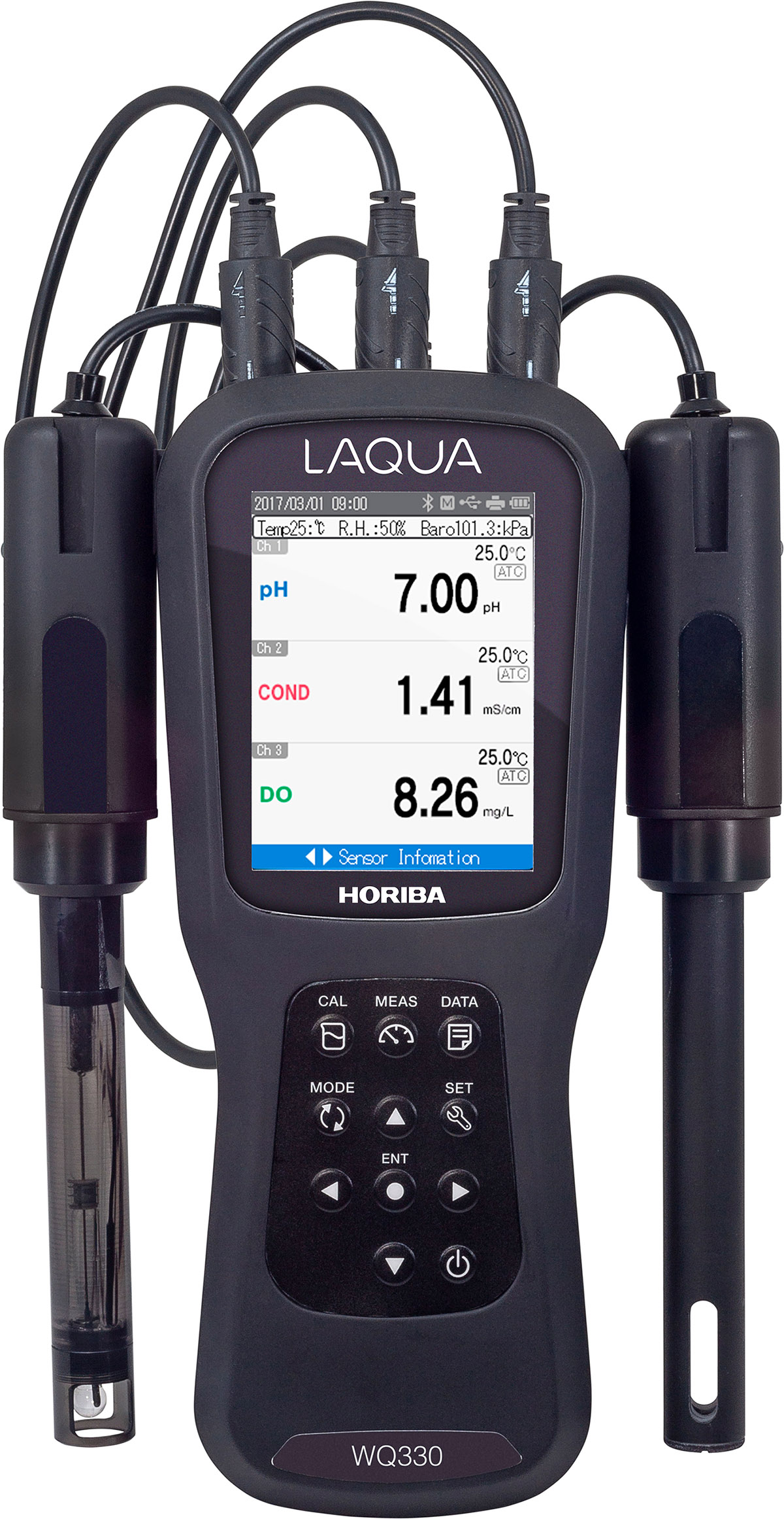 Horiba LAQUA WQ330-K Handmessgerät mit EC- und pH-Elektrode, Frontansicht, großes LCD-Display