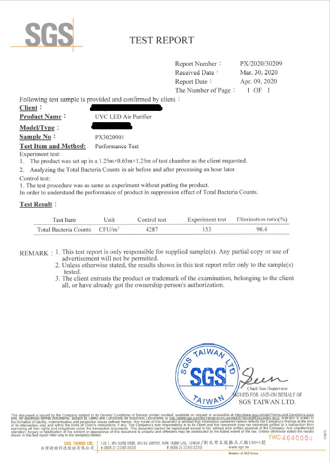 Prüfbericht in englischer Sprache für den Conference AIR Desinfector LED UV