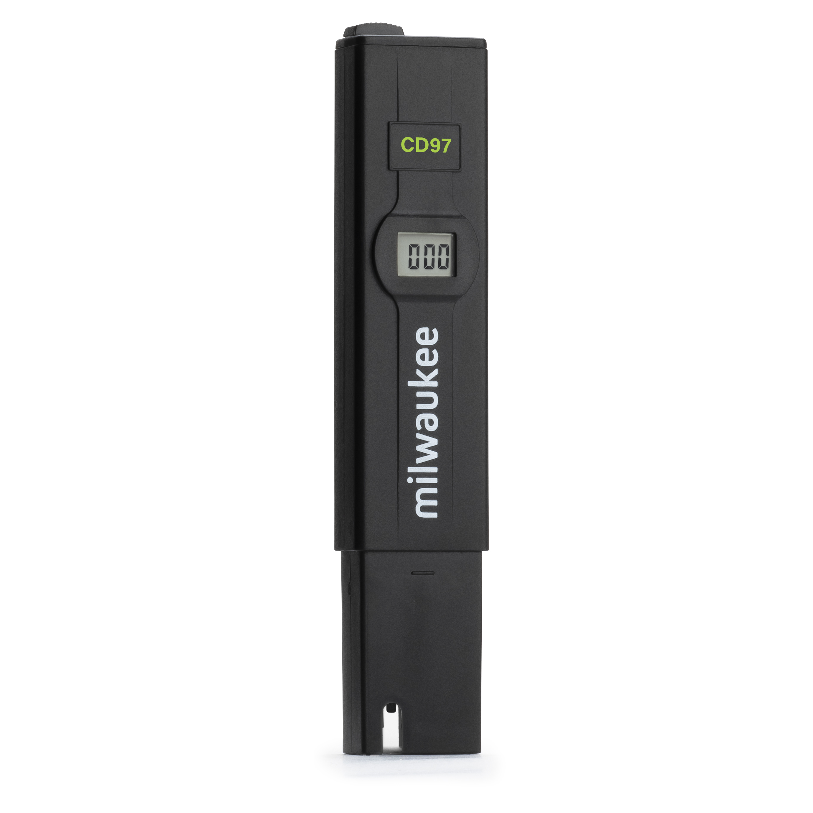 Milwaukee CD97 TDS Tester niedriger Bereich für gelöste Feststoffe, Knöpfe und ergonomische Form erkennbar, Schutzkappe ist ab