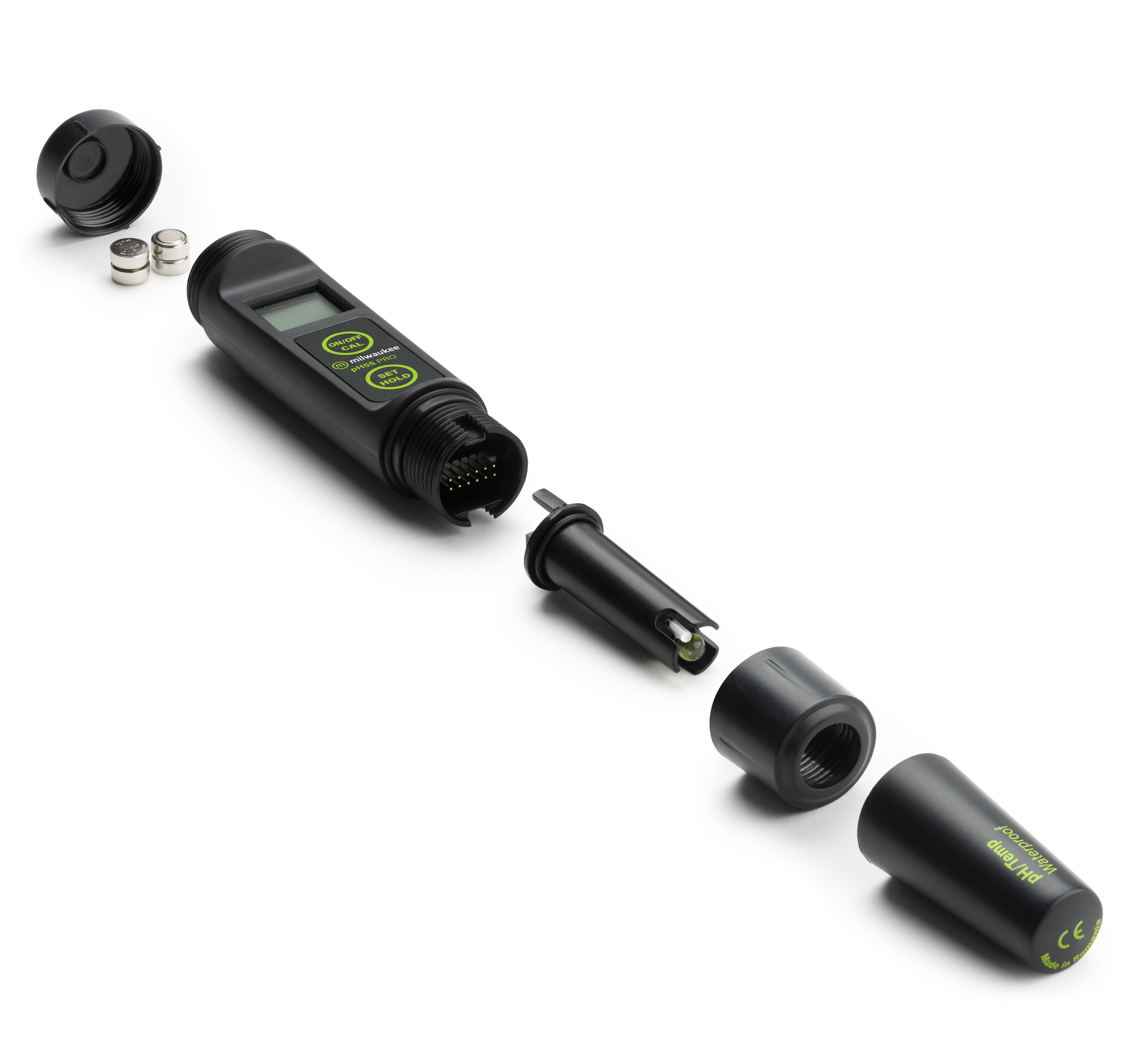 Milwaukee PH55 pH‑Tester Explosionszeichnung, abnehmbare Sonde und Batteriefach, Transparenz der Komponenten, austauschbare Sonde