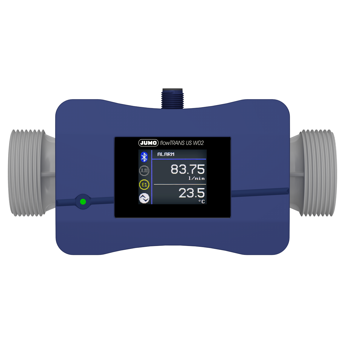 JUMO flowTRANS US W02 Ultraschall-Durchflussmessgerät DN 25 (1 in.) JUMO flowTRANS US W02 Ultraschall-Durchflussmessgerät DN 25 Frontansicht, digitales Display, Bluetooth-Schnittstelle, industriell
