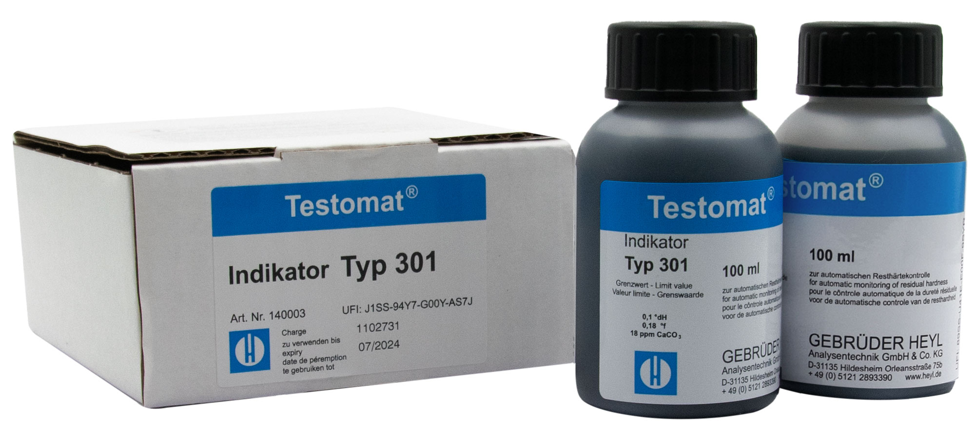 Testomat® 808 Indikator 301 2 x 100 ml Testomat 808 Indikator 301, zwei 100-ml-Flaschen mit dazugehörigen Verpackung Ansicht, Analysegerät-Zubehör
