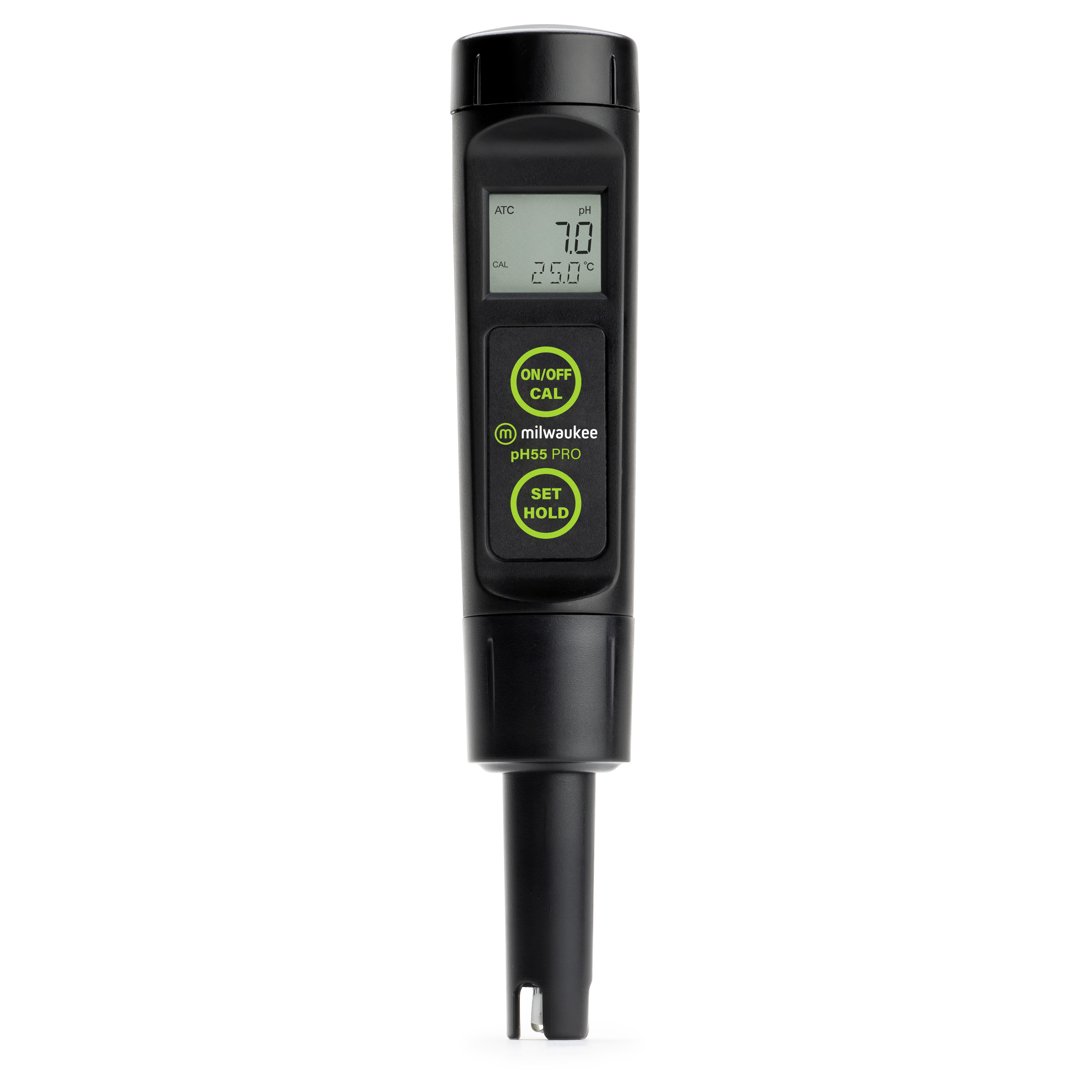 Milwaukee PH55 pH‑Tester Front, gut ablesbarer Bildschirm, Temperaturanzeige, schwarzes wasserfestes Design, kompakte Bauform