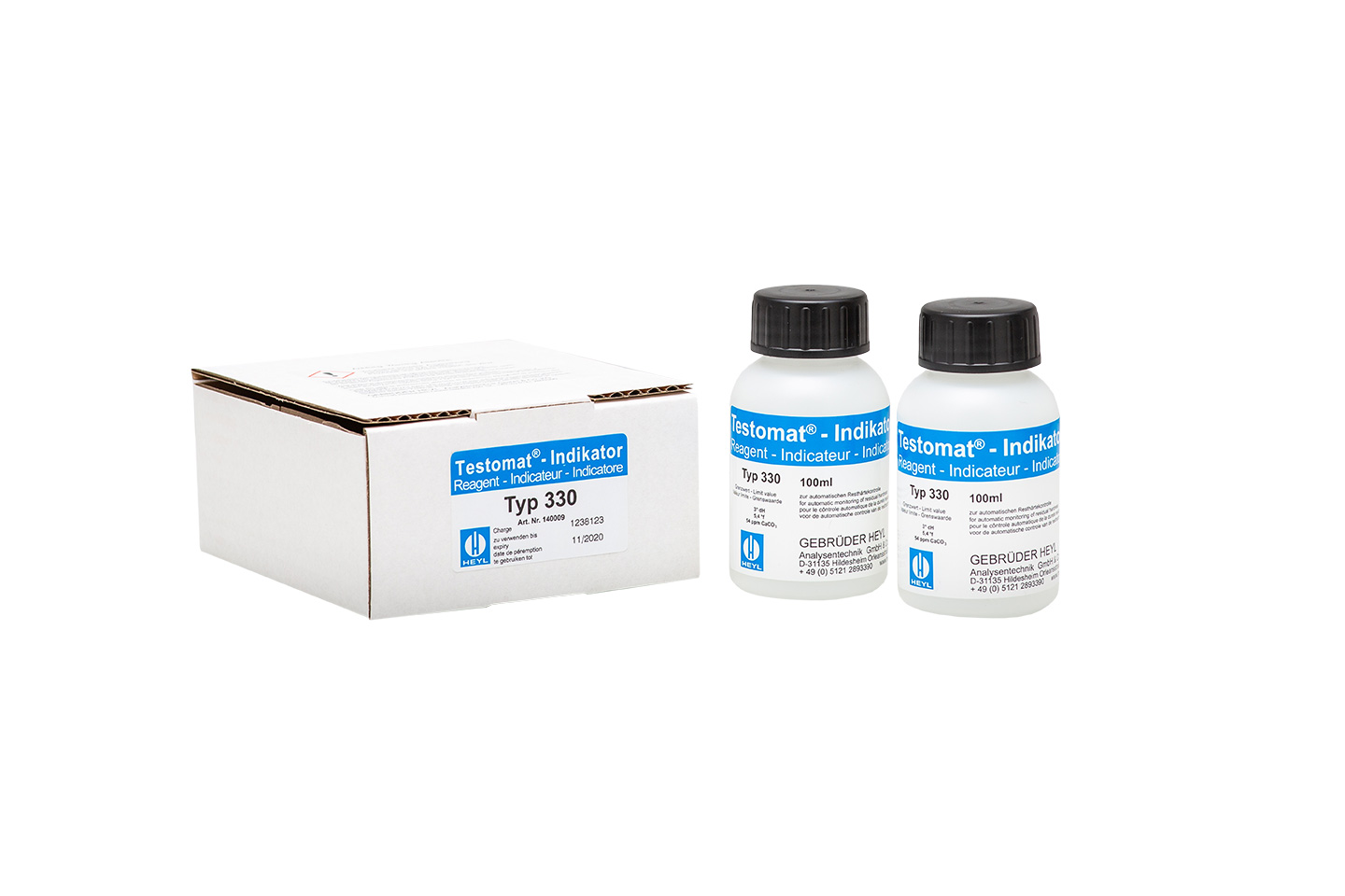 Testomat® 808 Indikator 330 2 x 100 ml Testomat® 808 Indikator 330, zwei 100-ml-Flaschen nebeneinander, Resthärte-Messlösung 3 °dH