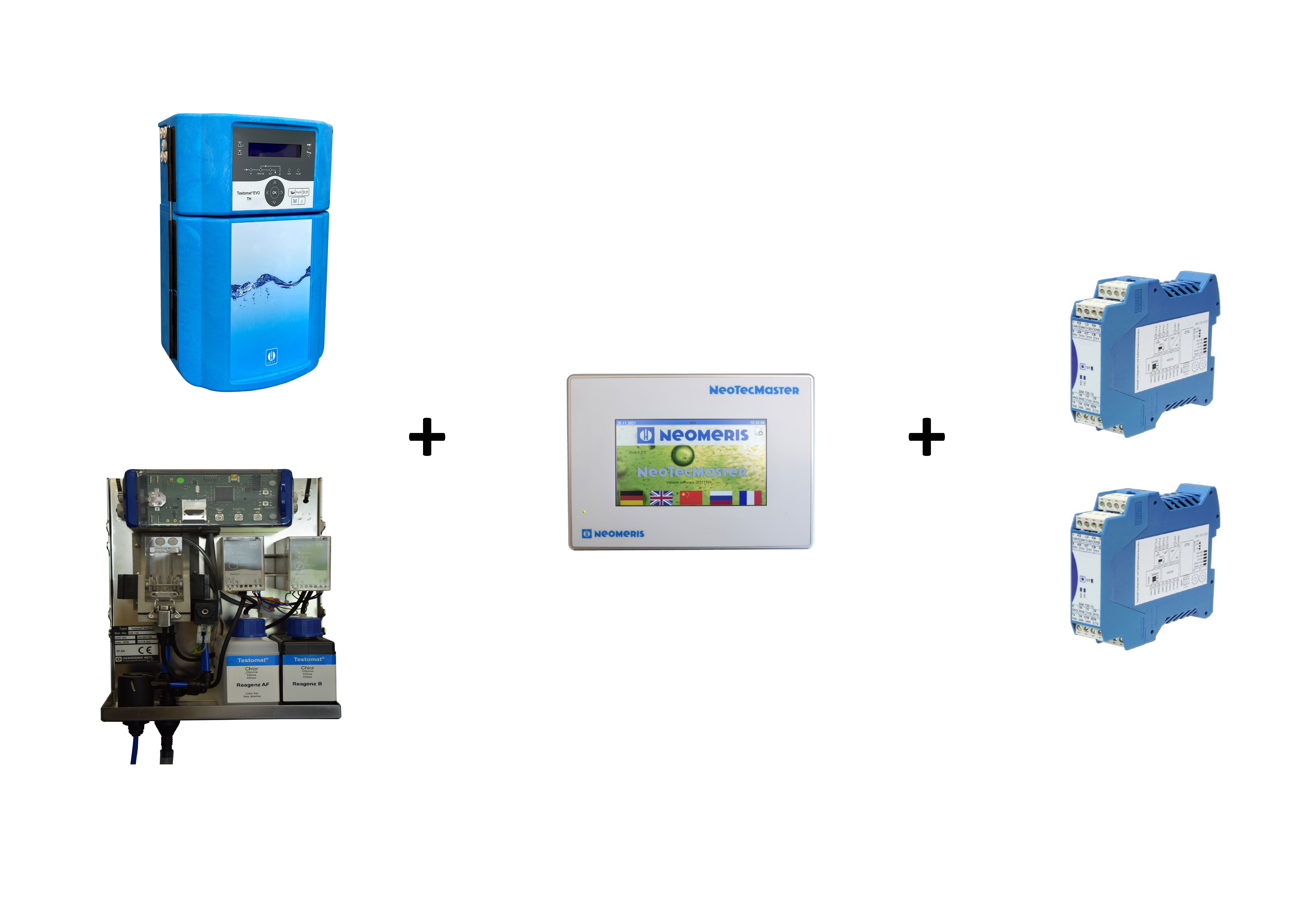 Testomat EVO TH + LAB CL mit NeoTecMaster, Gesamtansicht mit Zubehör, modulare Mess- und Steuerungslösung