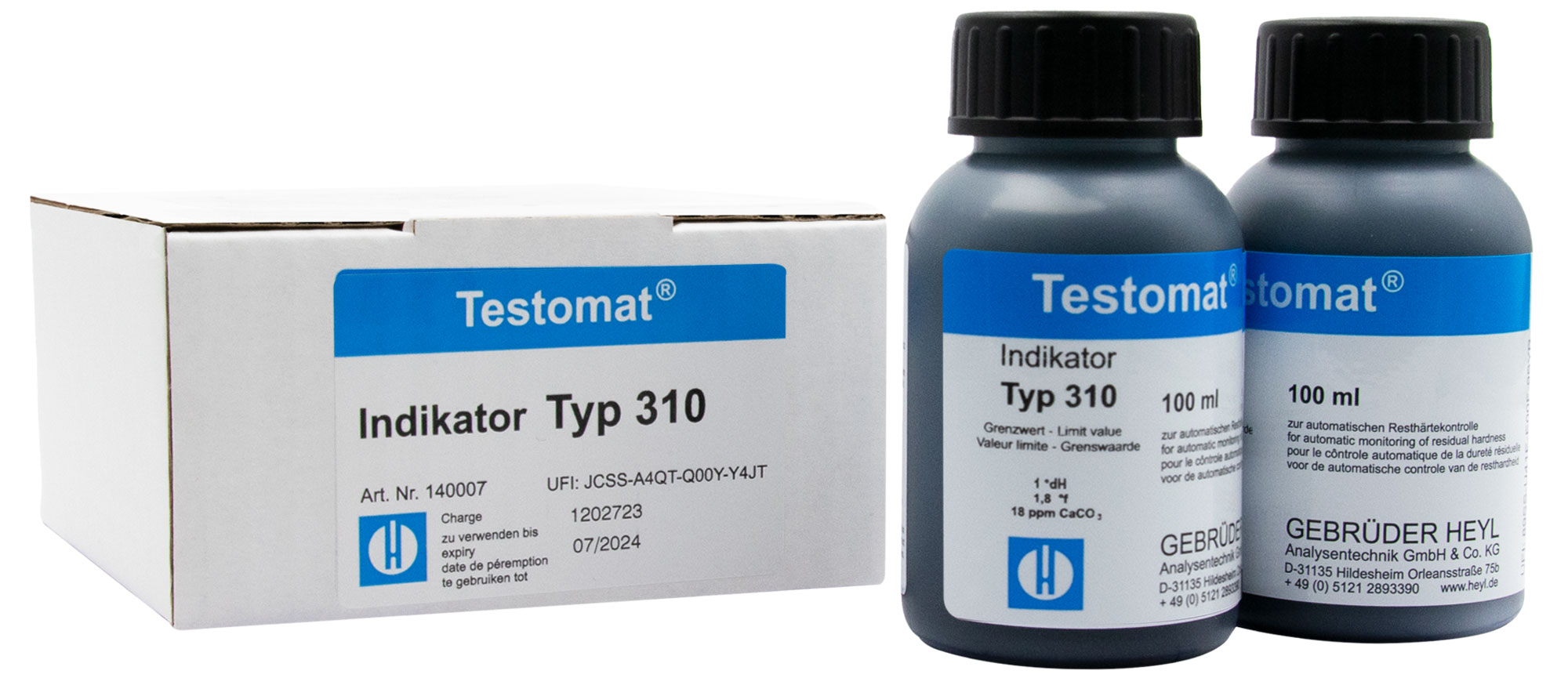 Testomat® 808 Indikator 310 2 x 100 ml Testomat® 808 Indikator 310, Produktfoto mit Flaschen und Verpackung, Analysewasser geeignet
