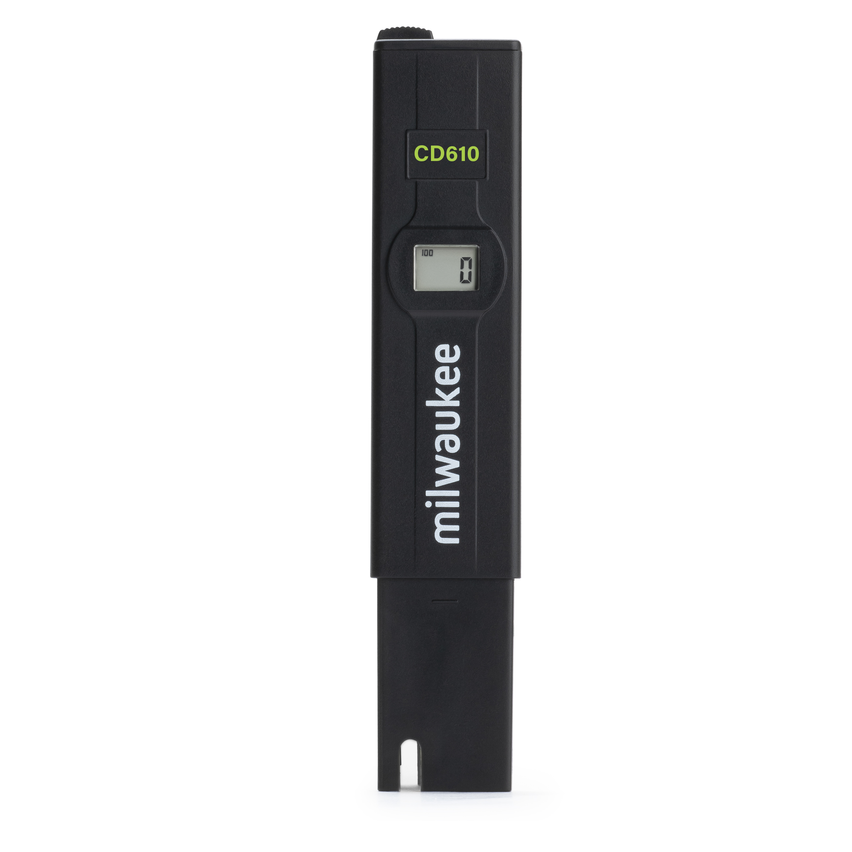 Milwaukee CD610 TDS Tester hoher Bereich für gelöste Feststoffe, Tester Vorderseite, Display leuchtet, Messsonde erkennbar