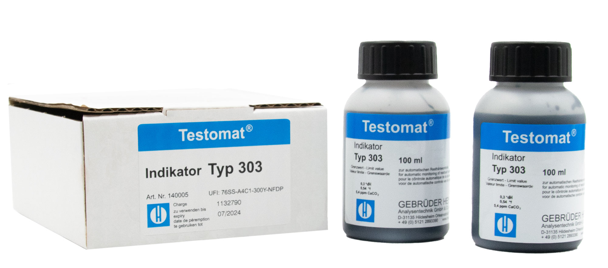 Testomat 808 Indikator 303 2 x 100 ml, zwei Flaschen mit schwarzem Schraubverschluss, Original-Testomat-Verpackung