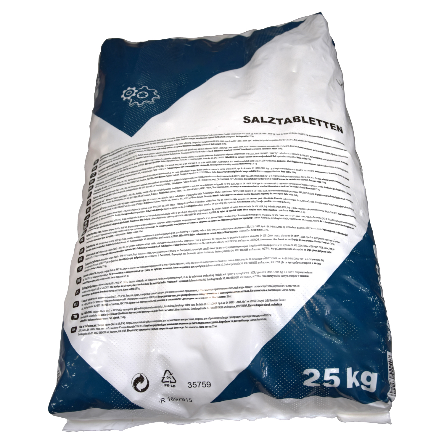 Salztabletten (25kg), EN 973 A, Detail der PE-Folienverpackung, Schutz vor Feuchtigkeit und Verunreinigungen, Produktinformationen in mehreren Sprachen