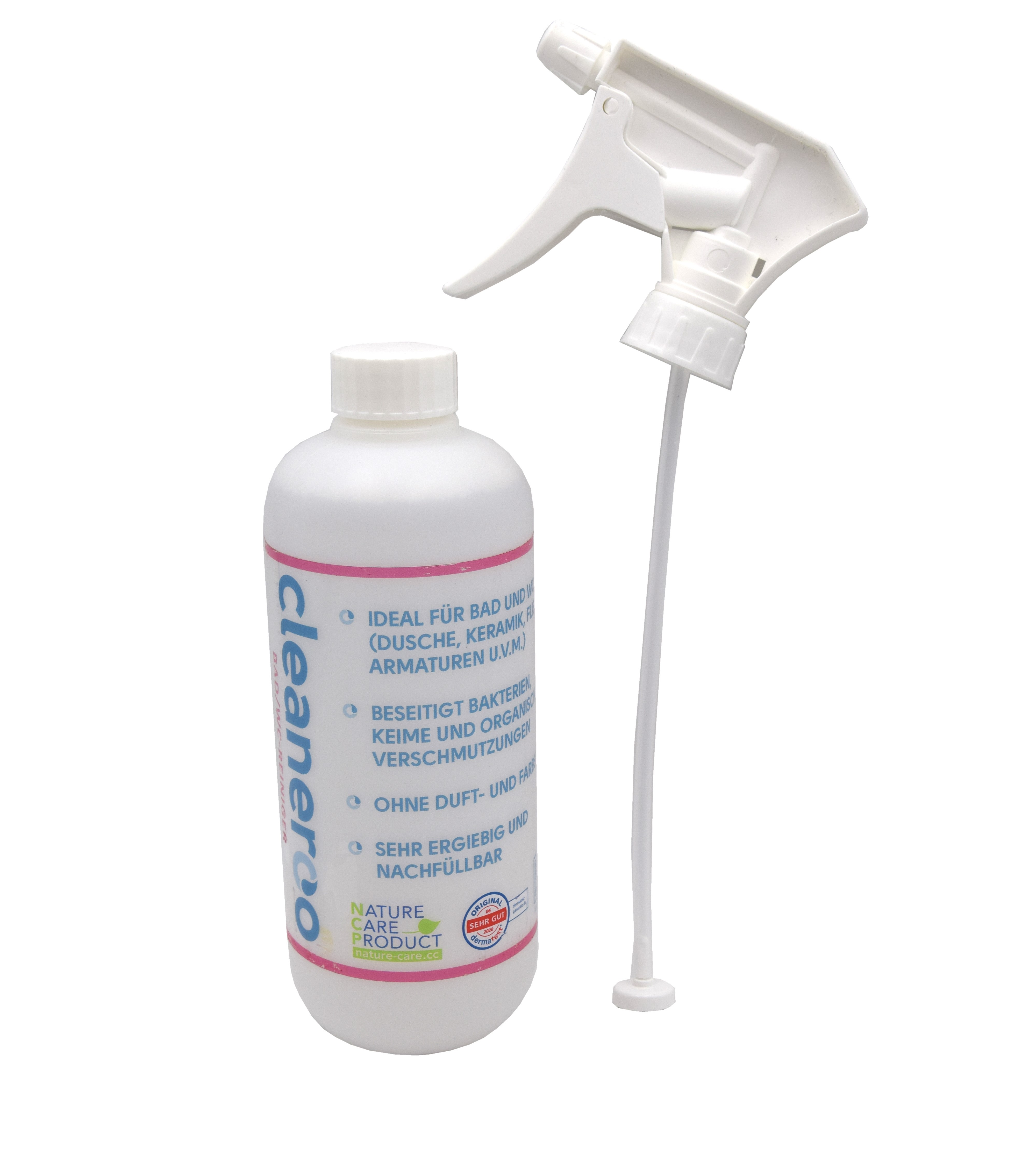 cleaneroo Bad- / WC Reiniger rot, Frontansicht der Flasche mit rotem Etikett, ungiftig und ergiebig