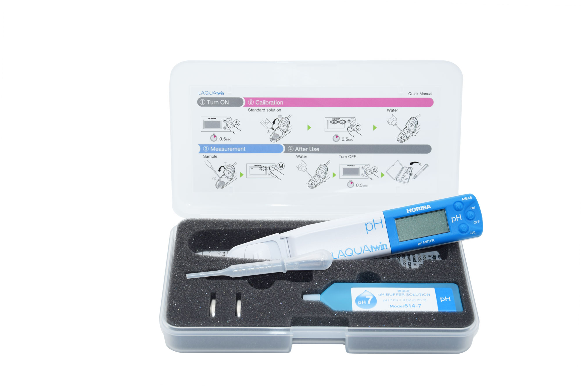 Horiba LAQUAtwin pH 11 Koffer Innenansicht, Zubehör und Tester