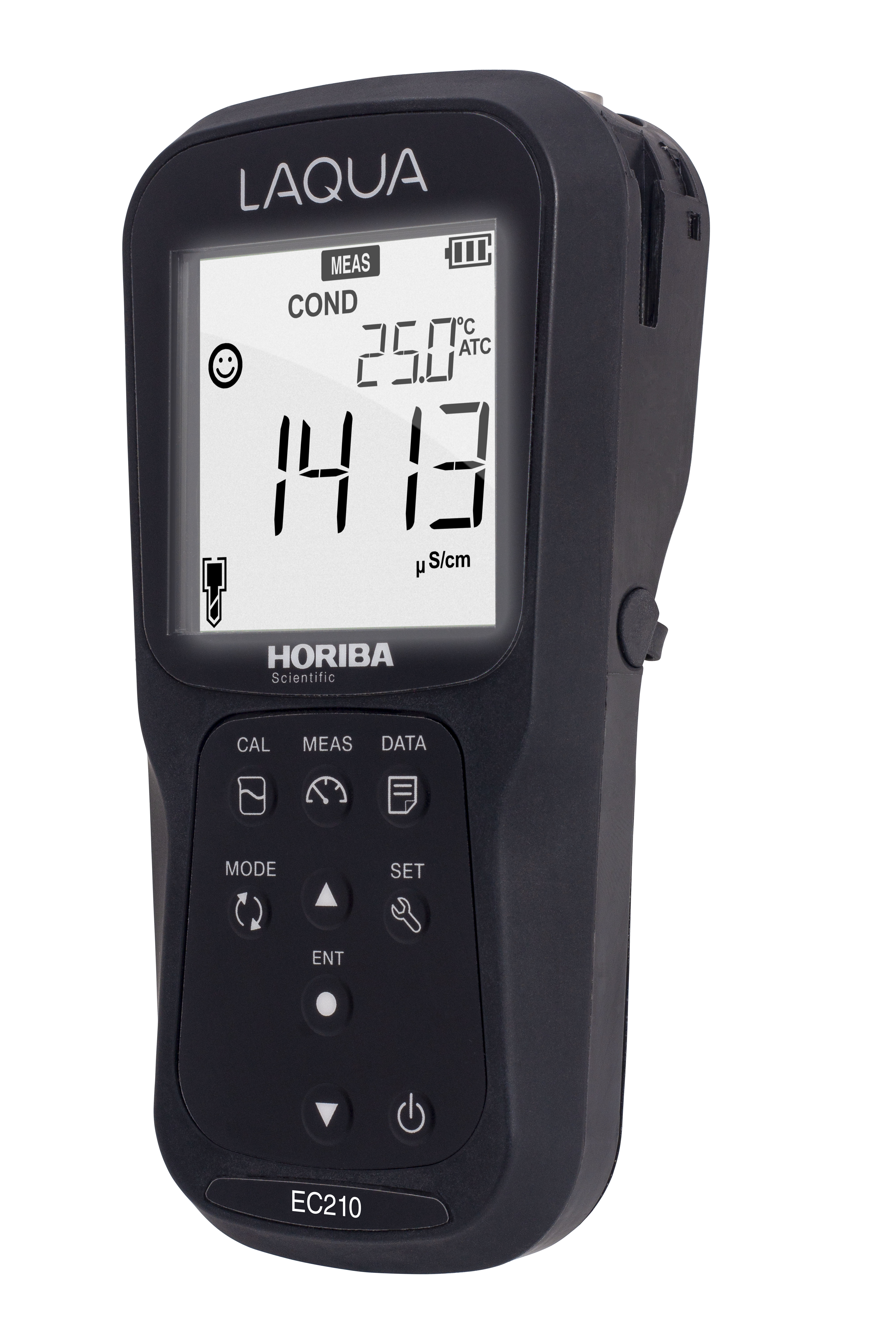 Horiba LAQUA EC210 Handmessgerät in seitlicher Ansicht, zeigt das schlanke Design mit Bedienknöpfen und Displayrahmen