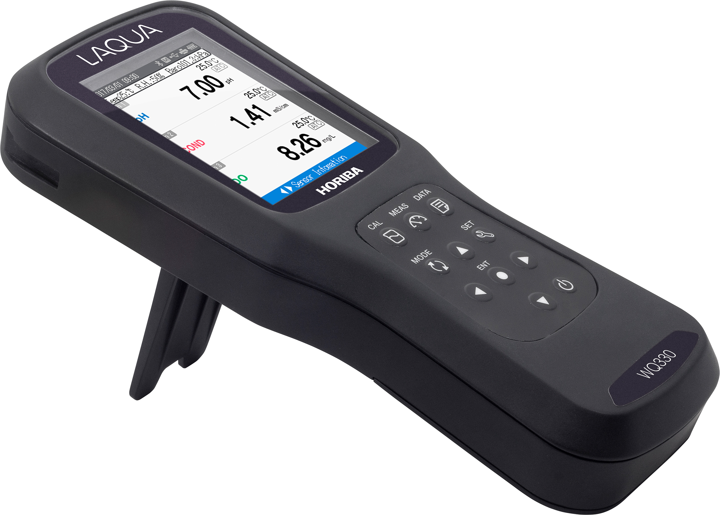 Horiba LAQUA WQ330-K Handmessgerät, linke Seitenansicht, mit ausgeklapptem Ständer, robustes Design