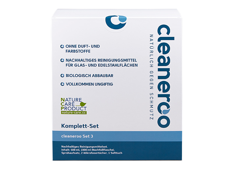 Verkaufverpackung zu cleaneroo Unterhaltsreiniger blau, Flasche mit 1000 ml Nachfüllpack, nachhaltiger Nachfüllreiniger