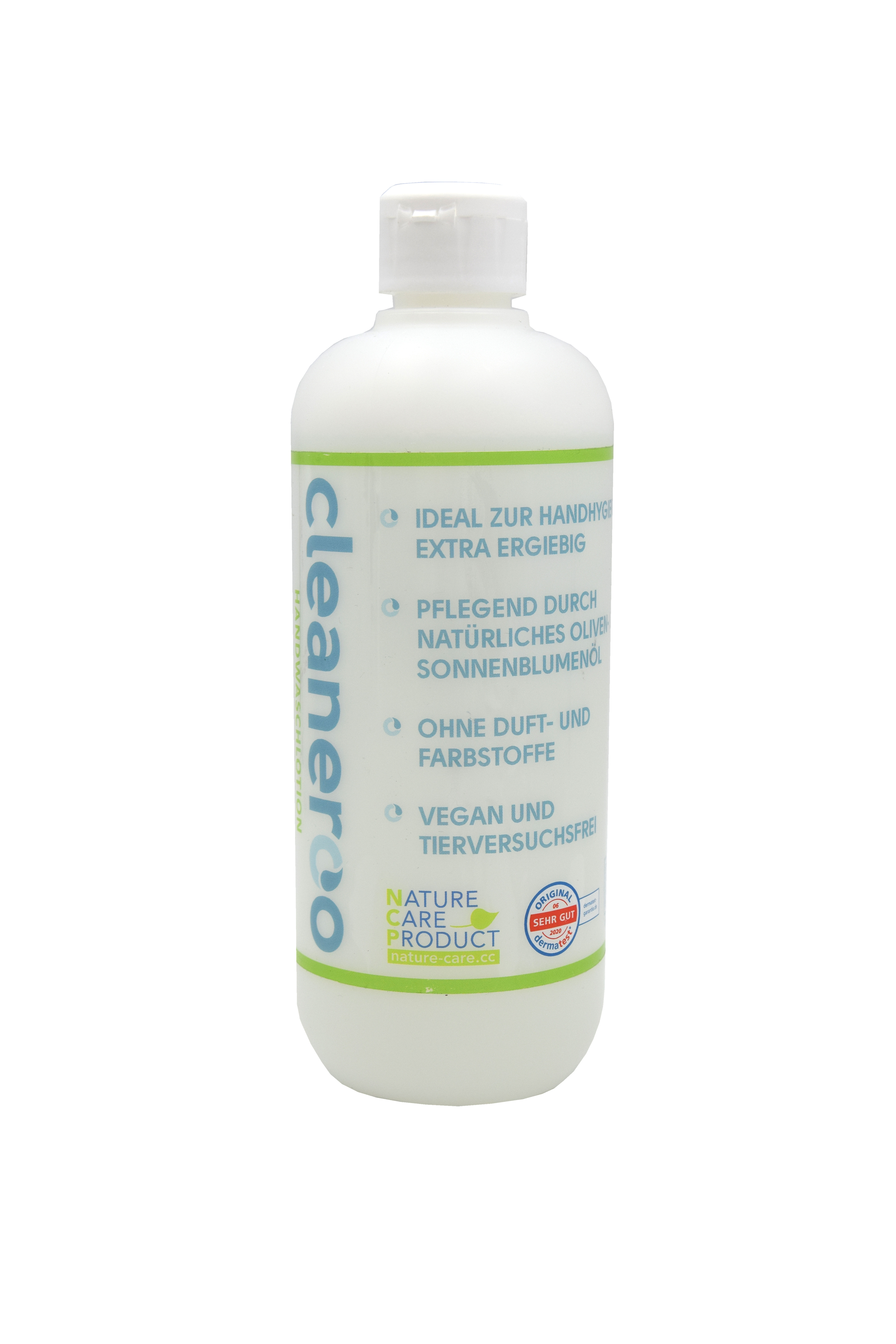 cleaneroo Handwaschlotion grün, Frontansicht, ohne Duft- und Farbstoffe, vegan, 500 ml Flasche