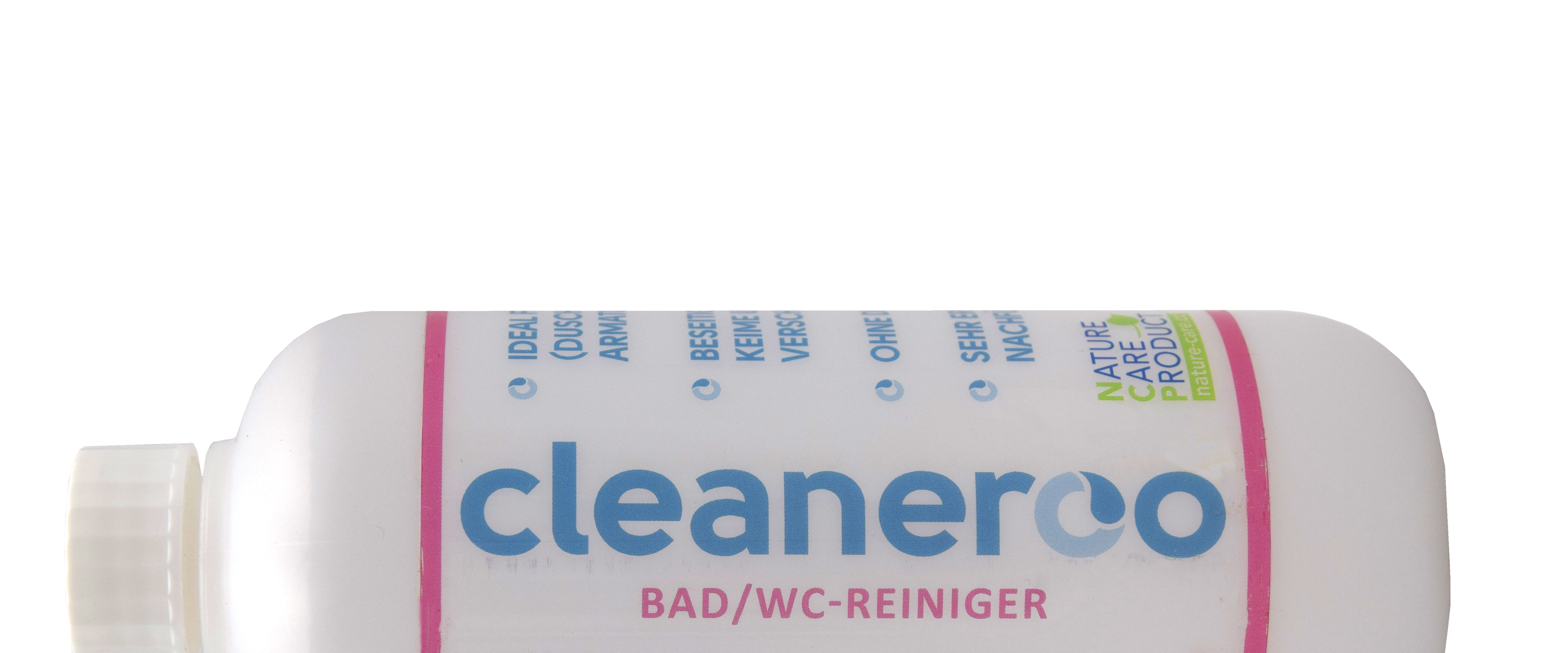 cleaneroo Bad- / WC Reiniger rot, Nahaufnahme der roten Reinigungsflasche, antibakterielle Wirkung