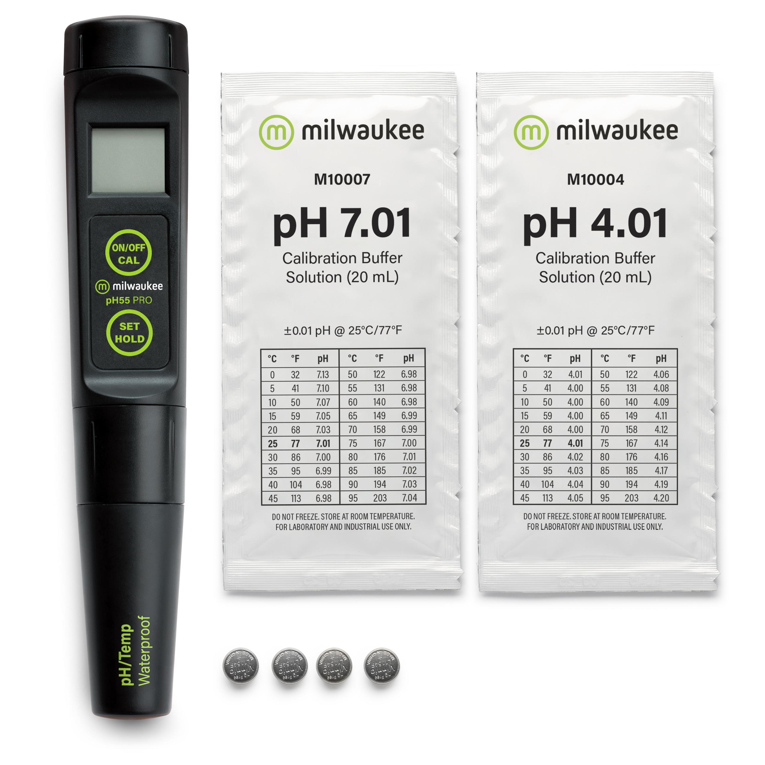 Milwaukee PH55 Komplettansicht mit pH‑Lösungen, Zubehör zur Kalibrierung abgebildet