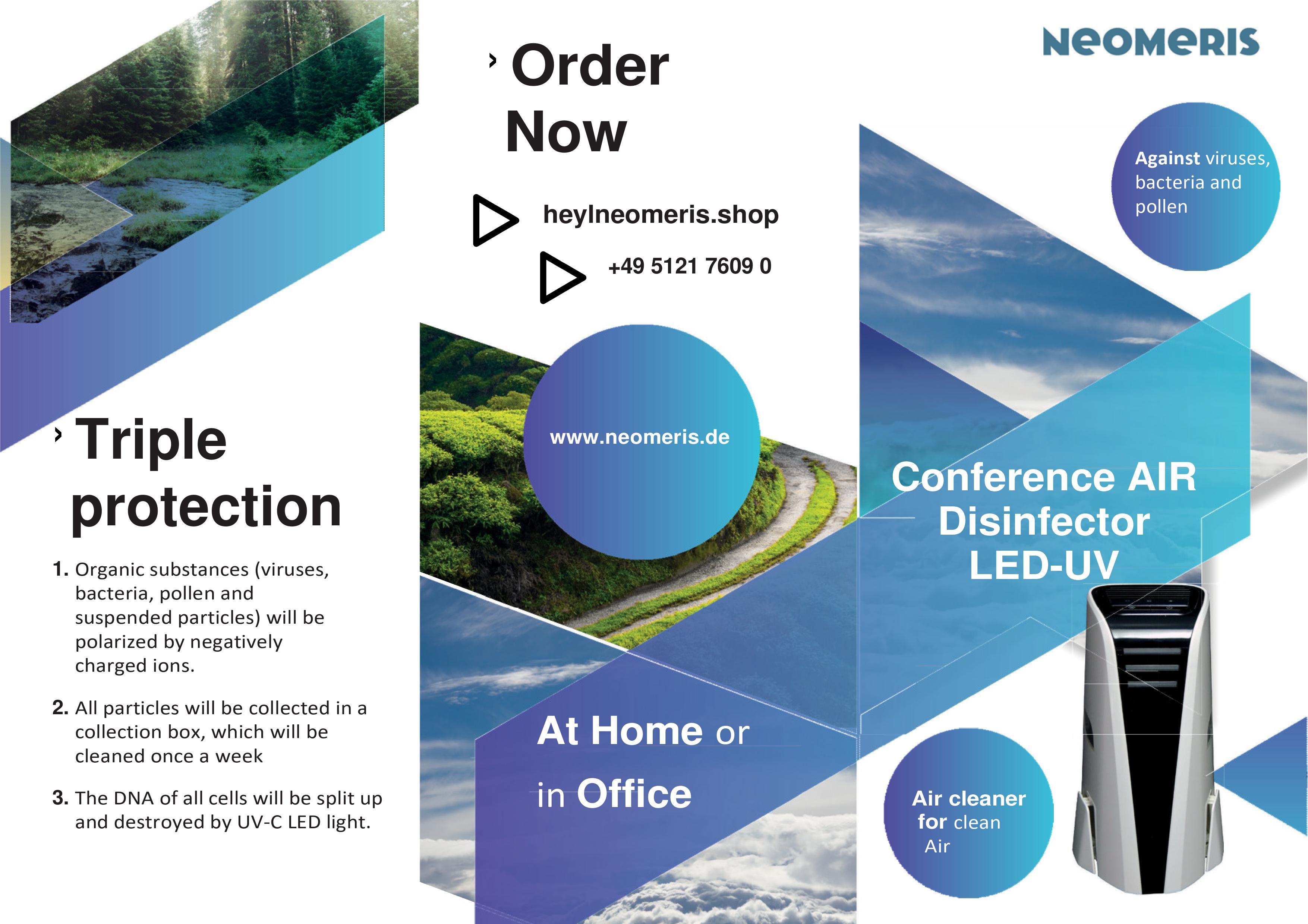 Broschüre in englischer Sprache benennt dreifachen Schutz durch das Gerät. Unter anderem wird durch UV-C-Licht die DNA aller Zellen aufgespalten und zerstört.