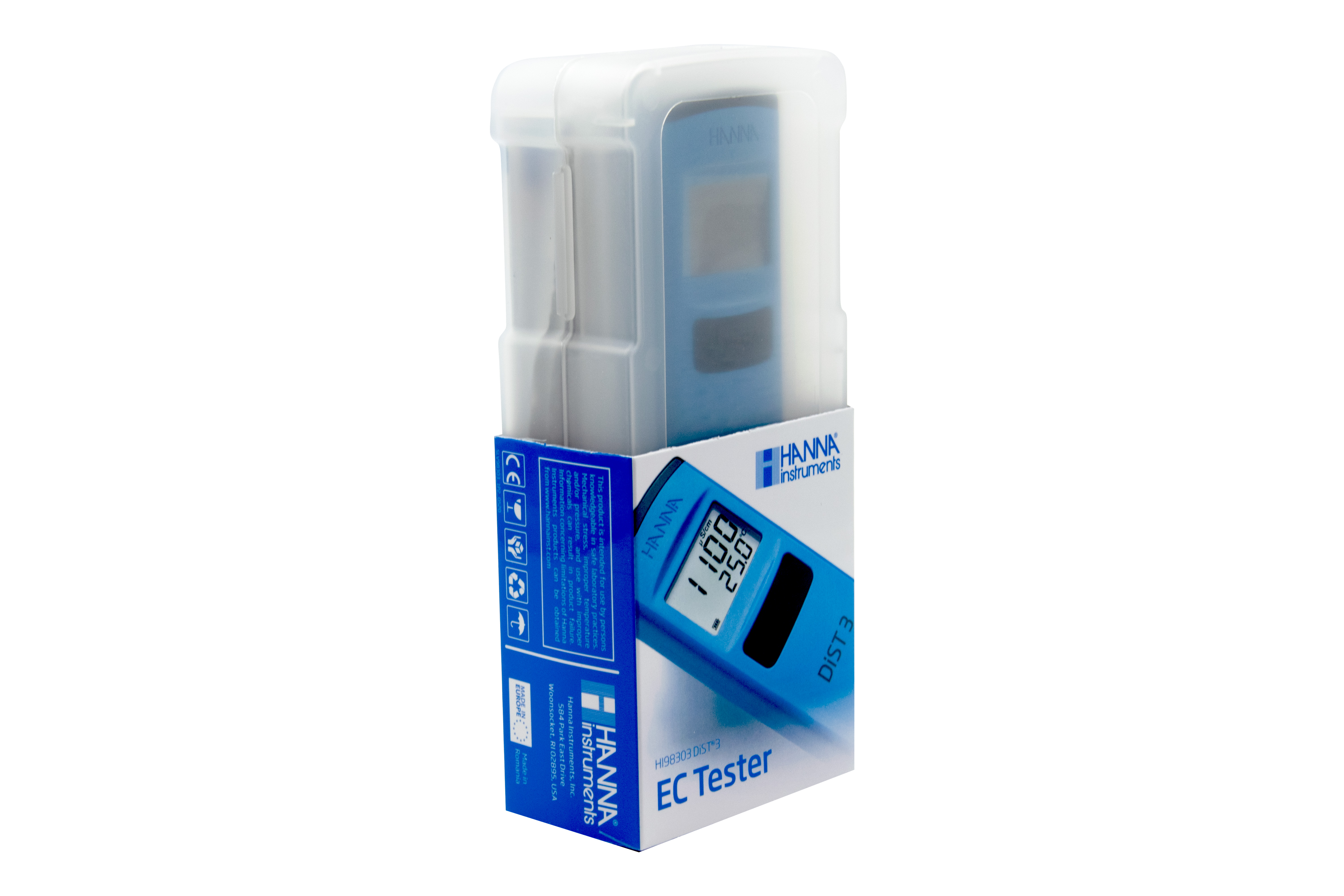 Hanna DiST®3 Tester für Leitfähigkeit, seitliche Produktansicht, in Verpackung