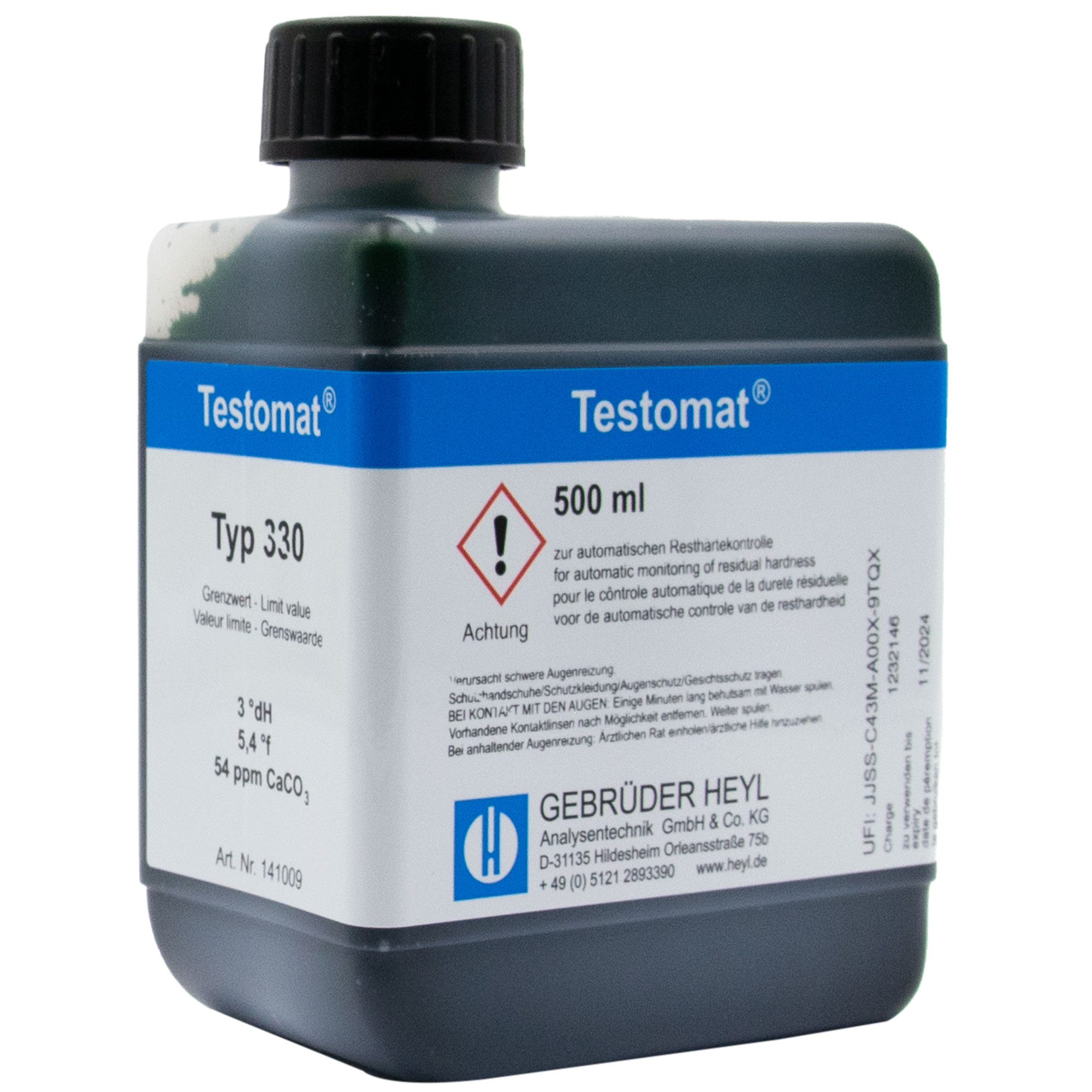 Testomat® 808 Indikator 330, Etikettenansicht der 500 ml Flasche, Grenzwert 3,0 °dH