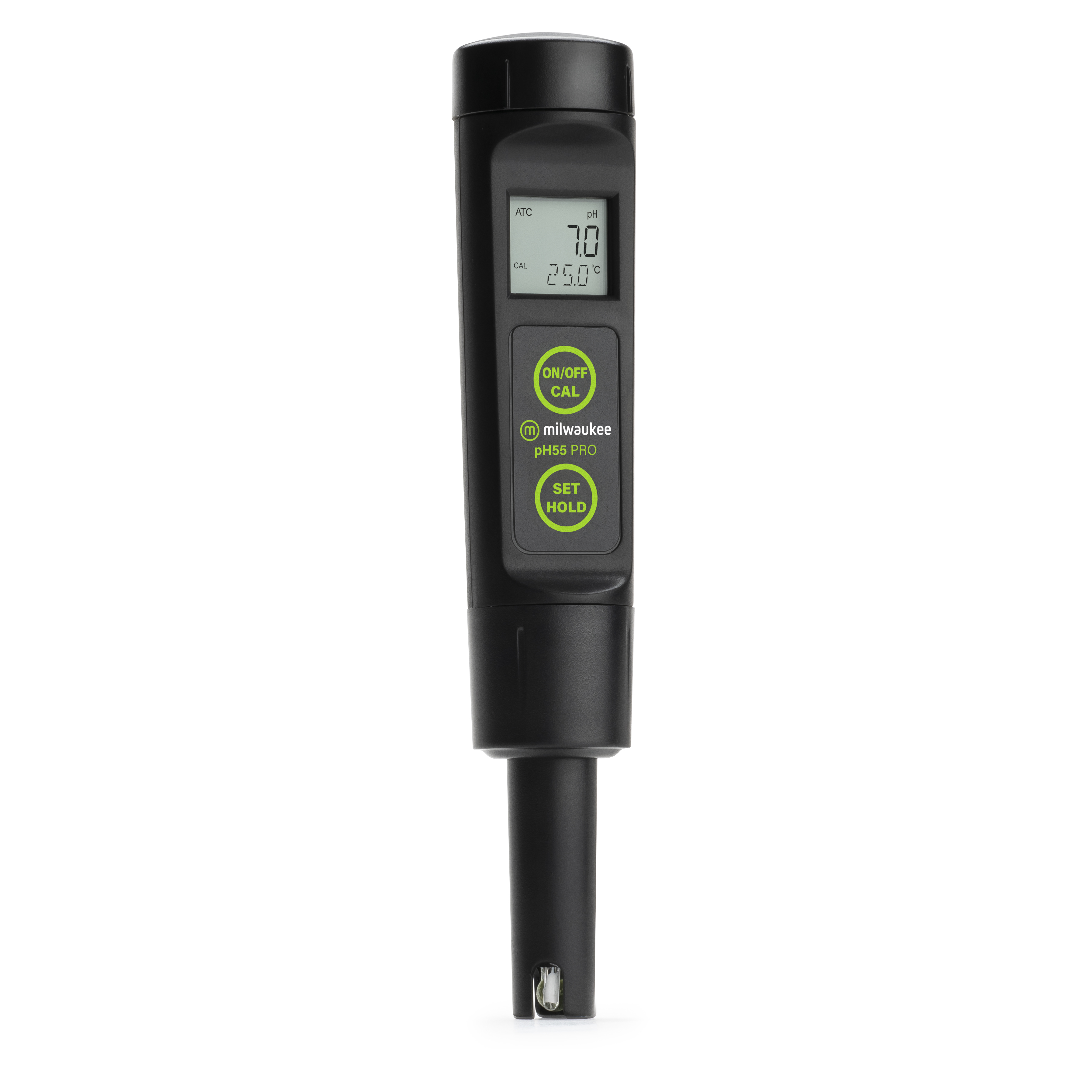 Milwaukee PH55 Tester seitlich, schwarzes Gehäuse, Einstell-Buttons und Display sichtbar