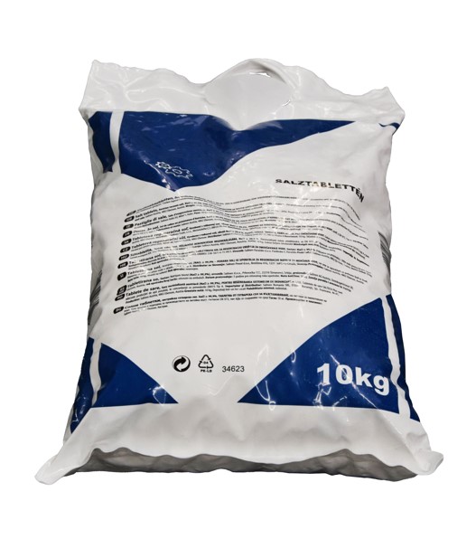 Salztabletten 10 kg, liegende Verpackungsansicht, zeigt Sackform und Produktin-formationen unter anderem 10 Kilogramm