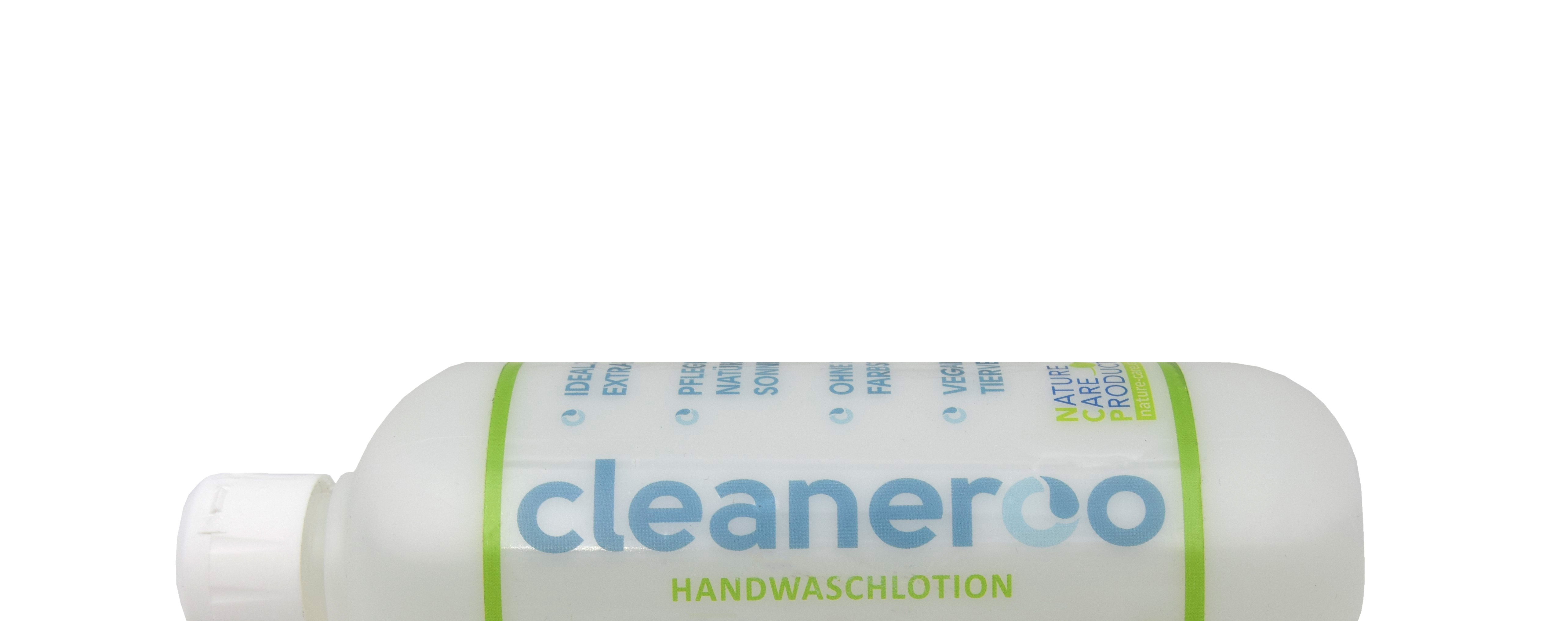 cleaneroo Handwaschlotion grün, liegende Flasche, 500 ml, Inhaltsstoffe, keine petrochemischen Zusätze