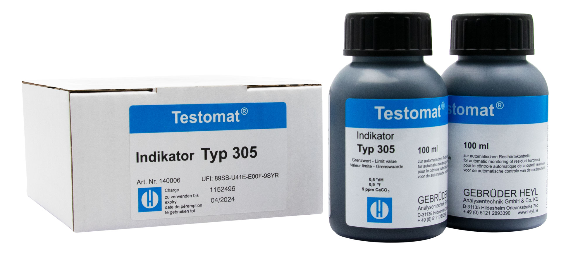 Testomat® 808 Indikator 305, zwei 100-ml-Flaschen nebeneinander