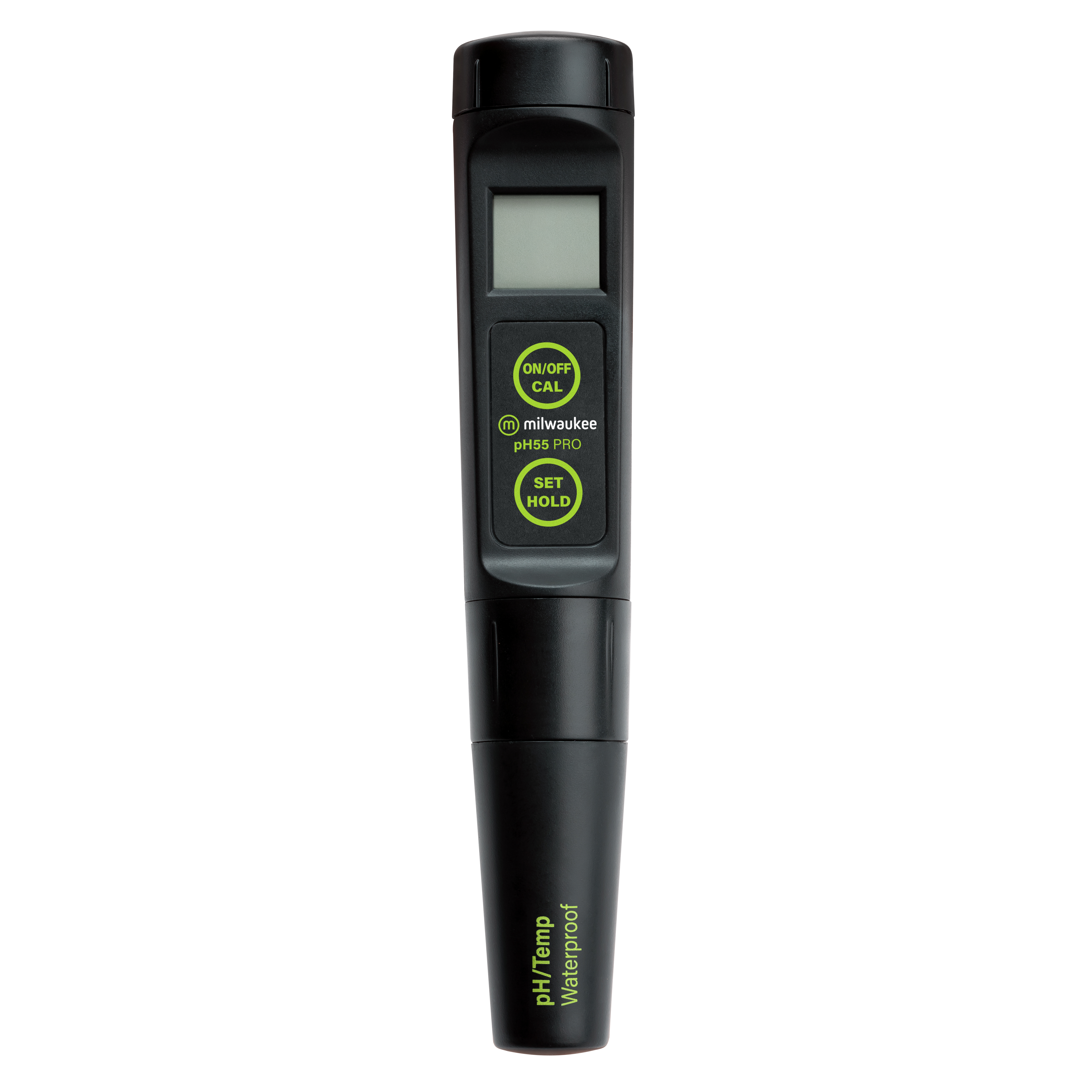Milwaukee PH55 pH‑Tester, Frontansicht mit Schutzkappe, dichtes IP65‑Gehäuse, reisetauglich