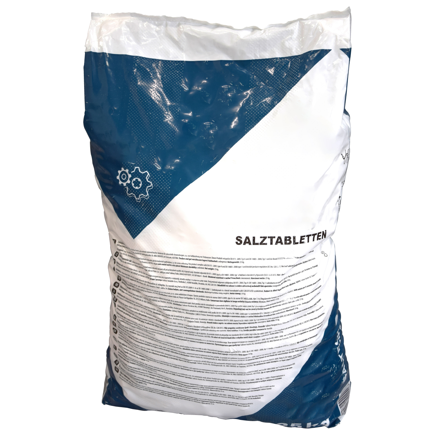 1 Palette Salztabletten (40x 25kg), EN 973 A, Frontansicht des Produktsacks, klare Beschriftung, PE-Folie