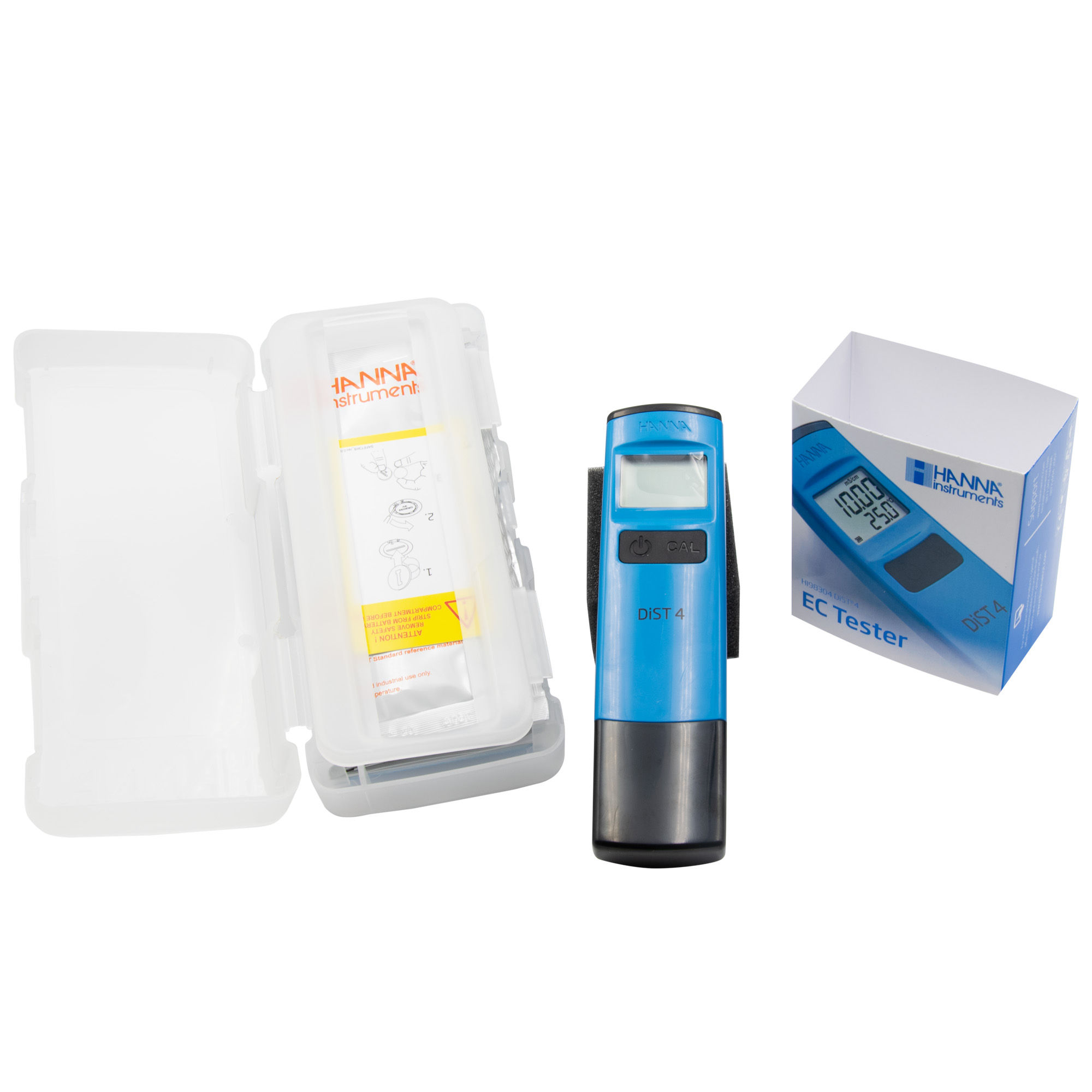 Hanna DiST®4 Tester hochkant, Display und Taste gut sichtbar, Leitfähigkeitstester DiST4 in blauer Hülle, EC‑Messgerät für Wasserqualität, Hanna DiST4