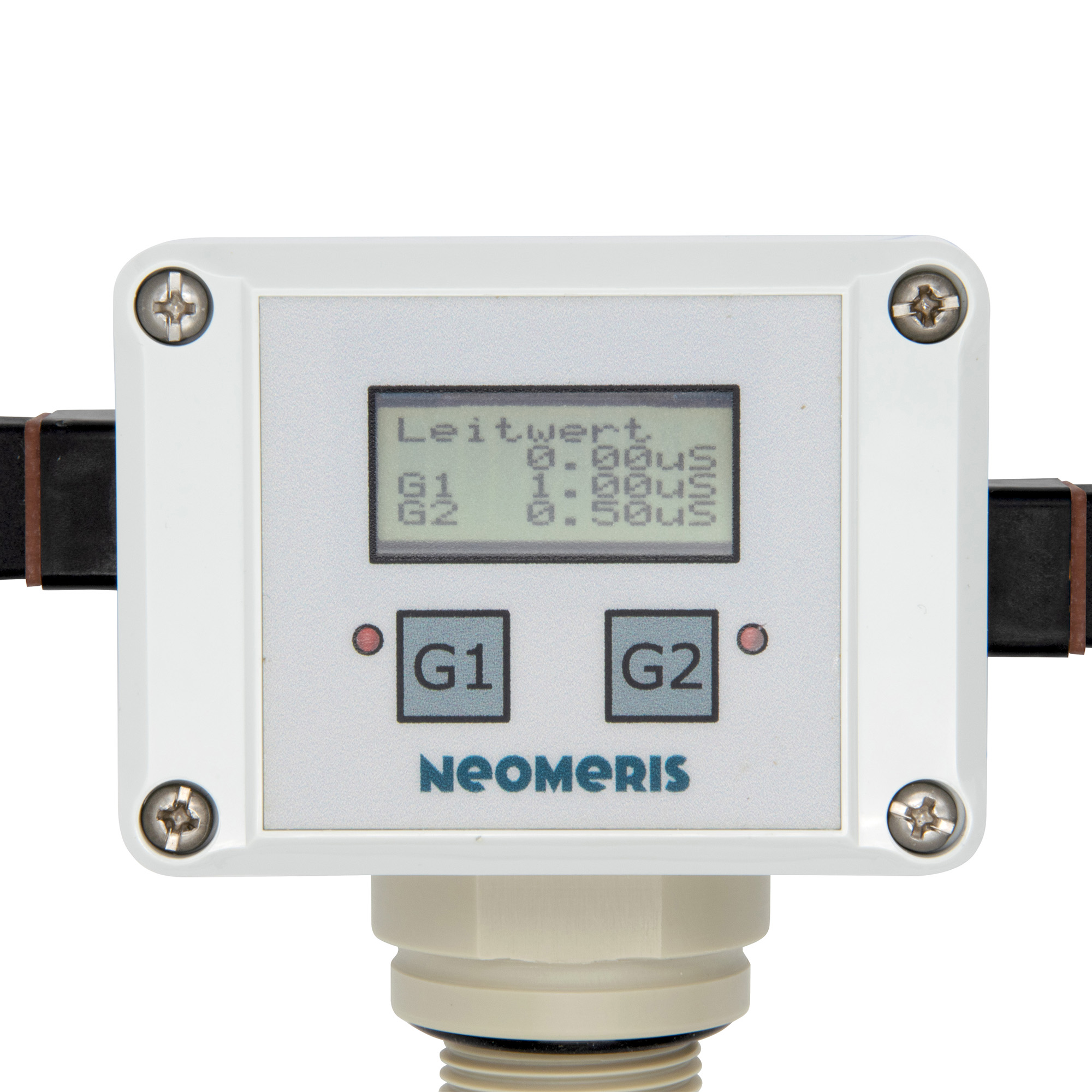 N-LF5R, 0-5 µS Leitfähigkeitsmessgerät mit integrierter 3/4" Einschraubmesszelle, Frontansicht, Display an, Messwerte angezeigt