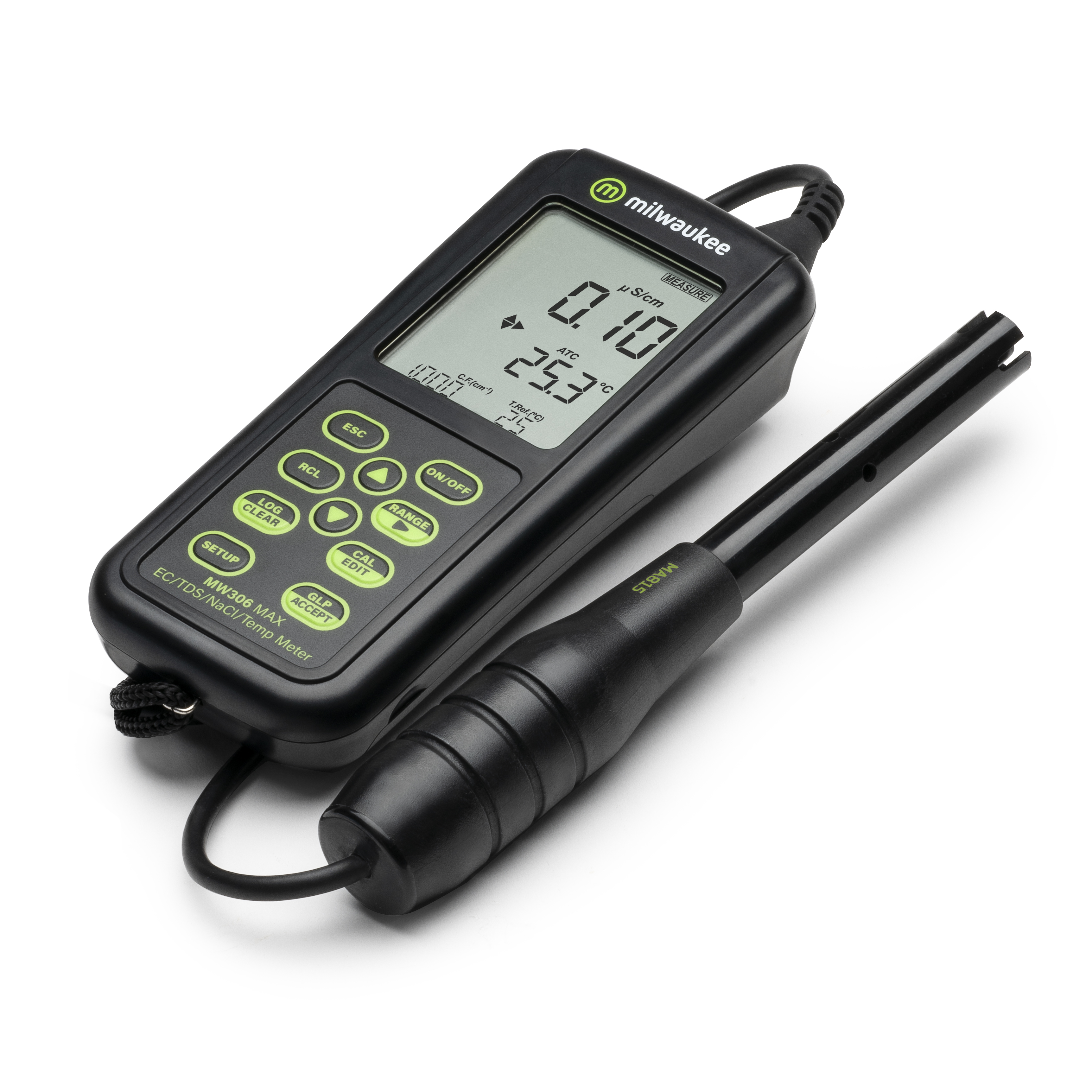 schwarz-grünes  MW306 MAX, Automatisches und protokollierendes EC/TDS/NaCl/Temperaturmessgerät schräge Ansicht