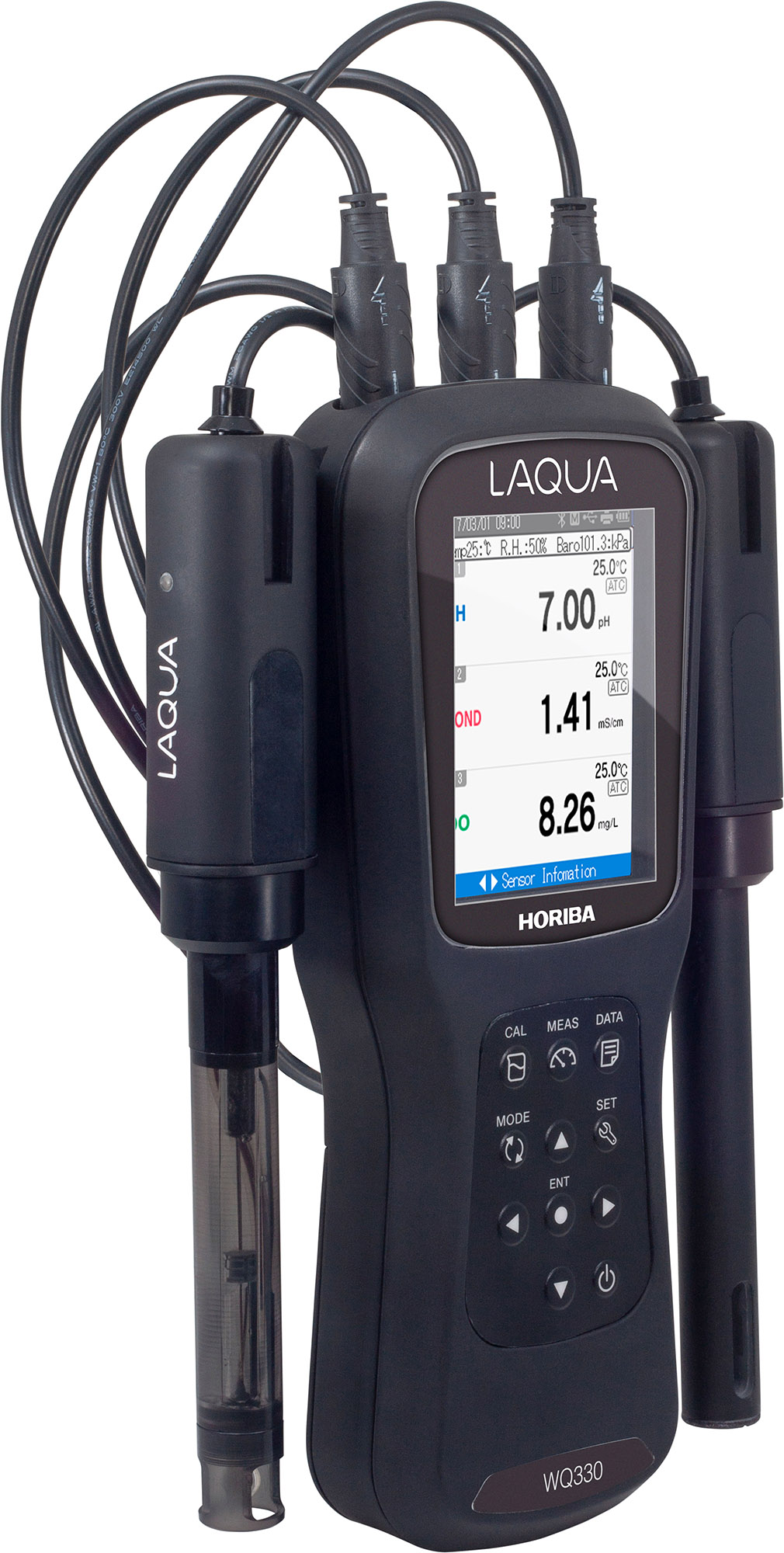 Horiba LAQUA WQ330-K Handmessgerät, linke Seitenansicht, mit EC- und pH-Elektrode, robustes Design
