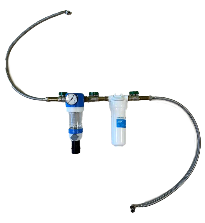 Vorfilterstufe Basisausführung für NeoPureMini Untertischanlage NeoPureMini Vorfilterstufe Basis, kompakte Frontansicht mit manueller Rückspülklappe und Aktivkohlefilteranschluss